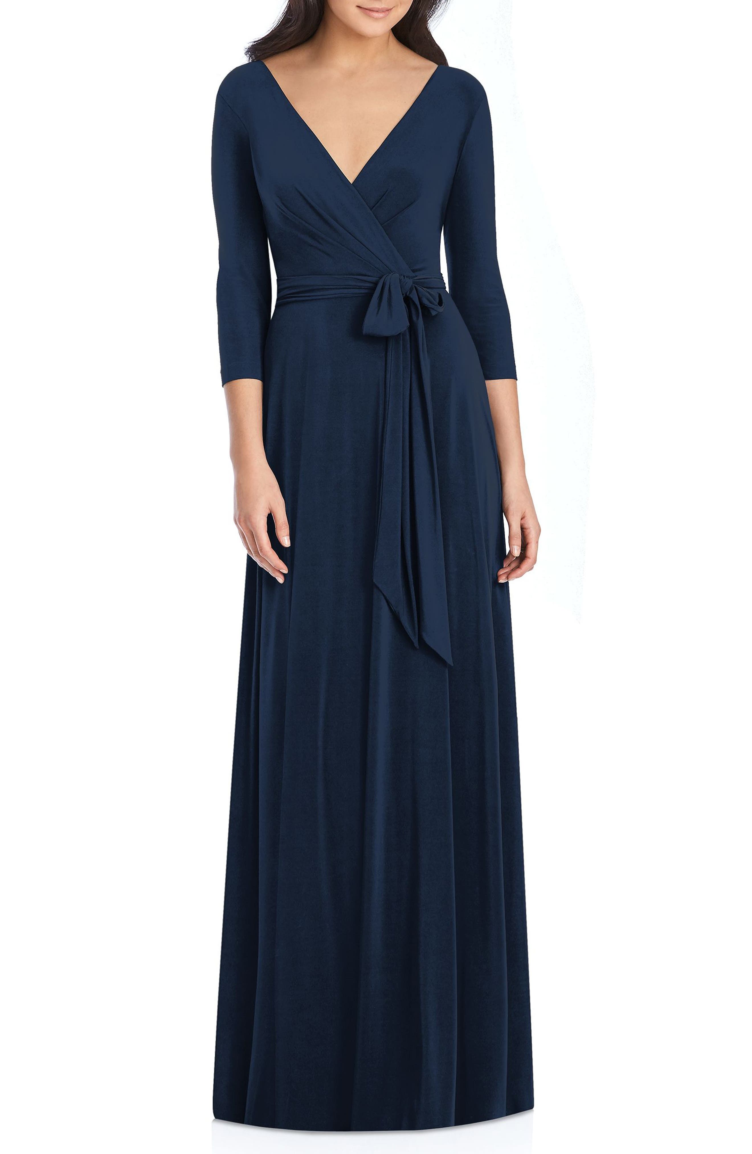 Dessy Collection Jersey Tie Waist Gown, Blue