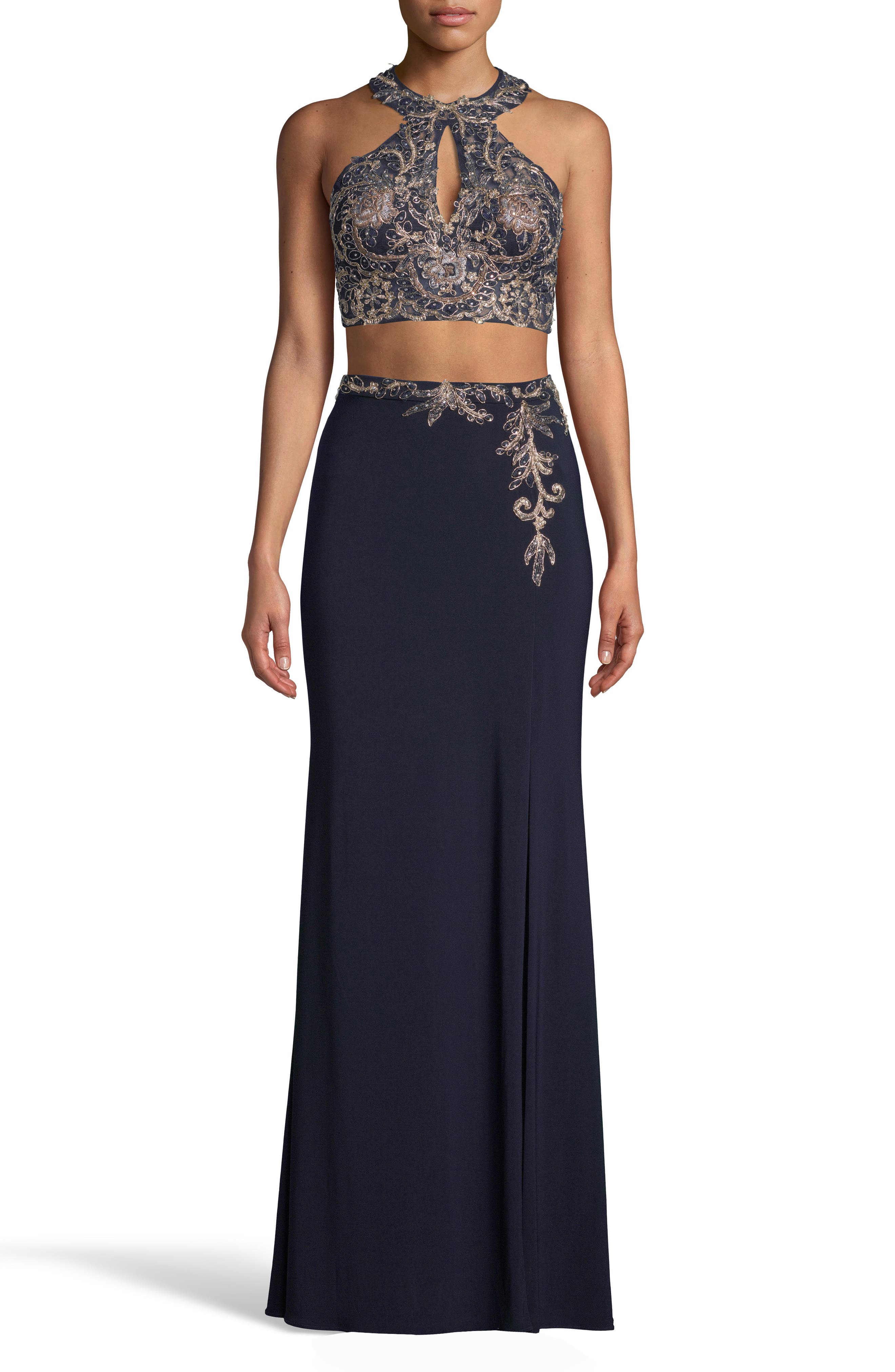 Xscape Embroidered 2-Piece Evening Dress, Blue
