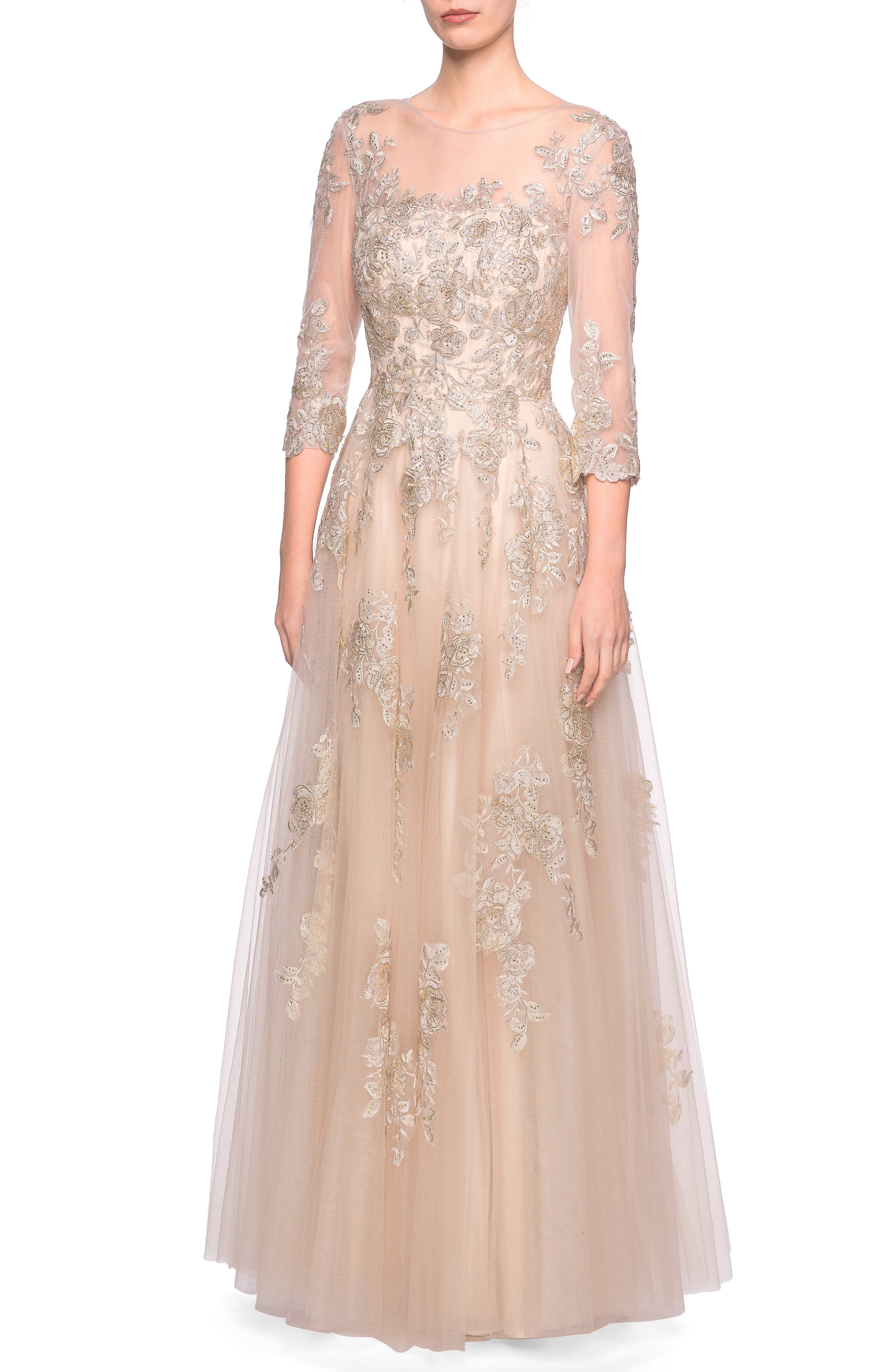 La Femme Lace & Tulle Illusion Bodice Gown, Beige