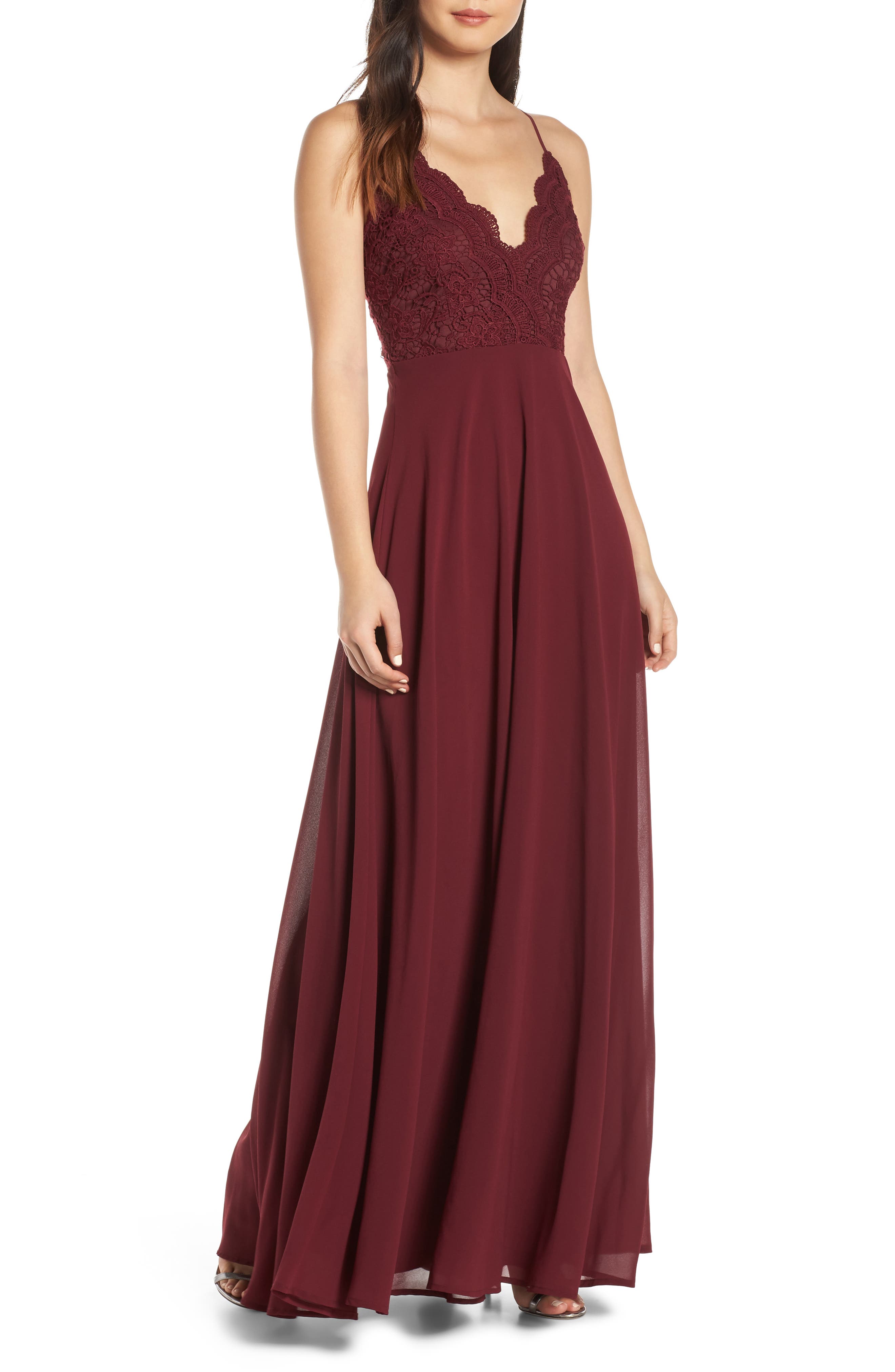 Lulus Madalyn V-Neck Lace & Chiffon Evening Dress, Red