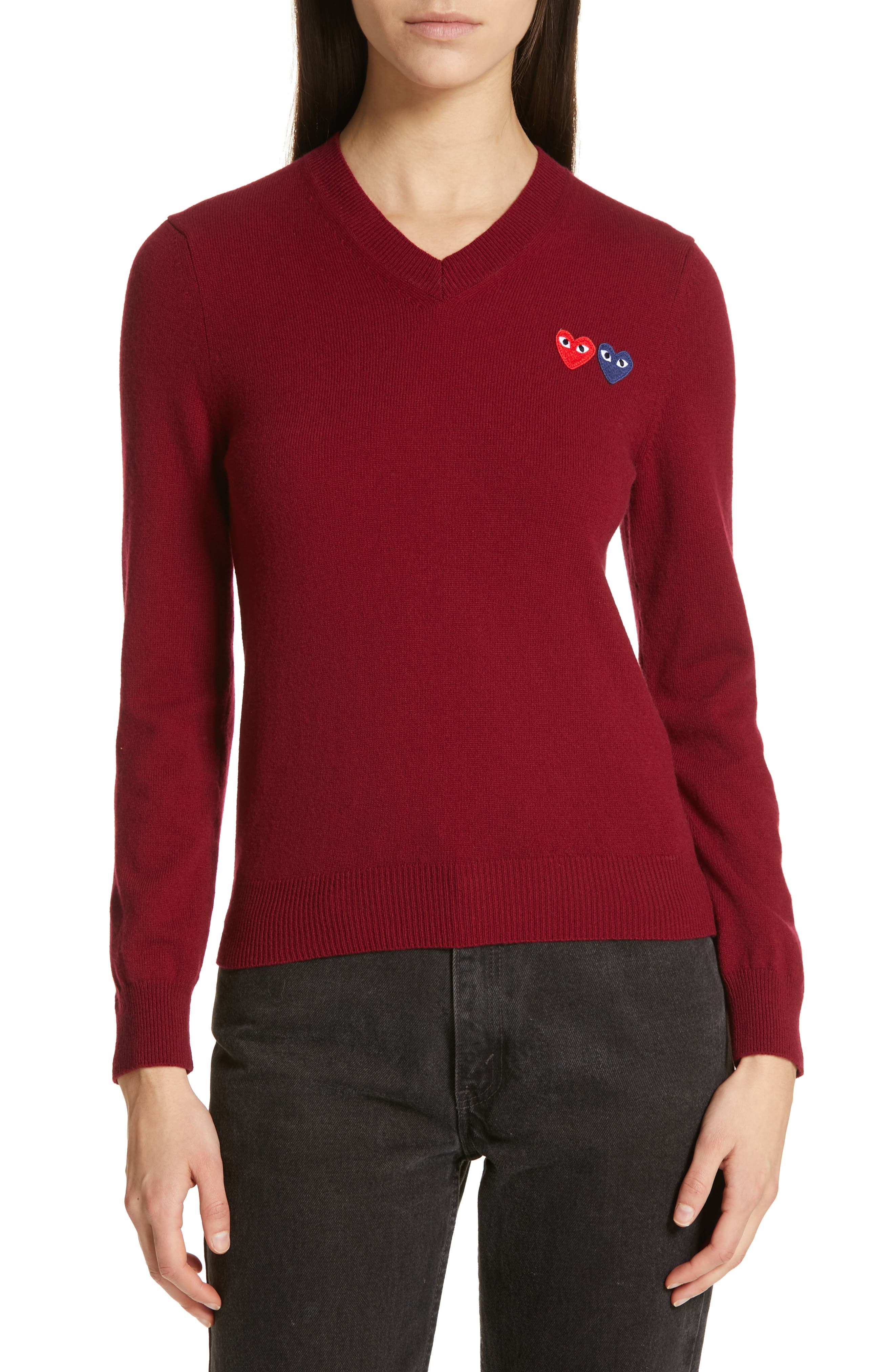 Comme Des Garcons Play Wool V-Neck Sweater, Burgundy