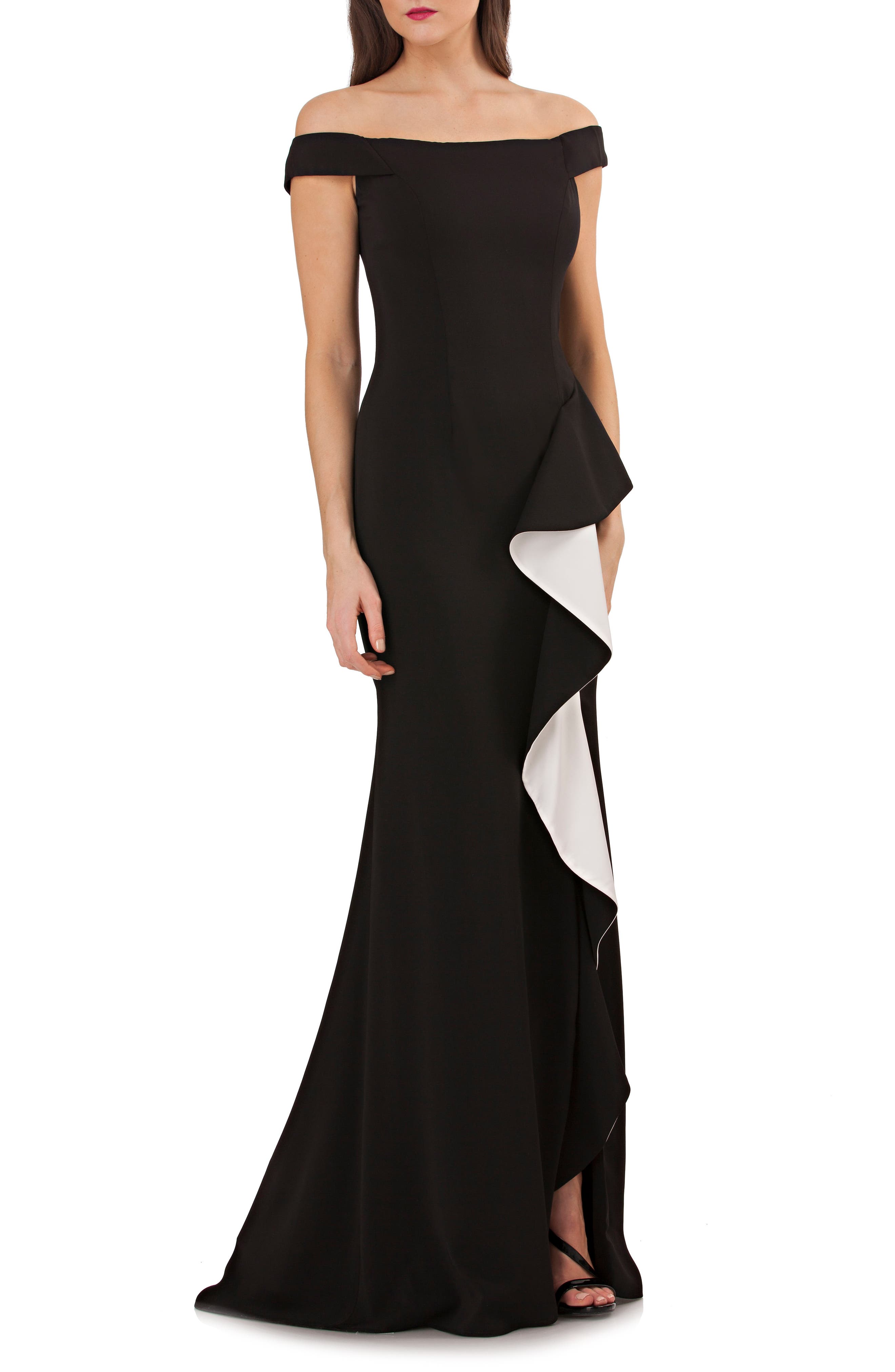Carmen Marc Valvo Infusion Ruffle Off The Shoulder Gown, Black