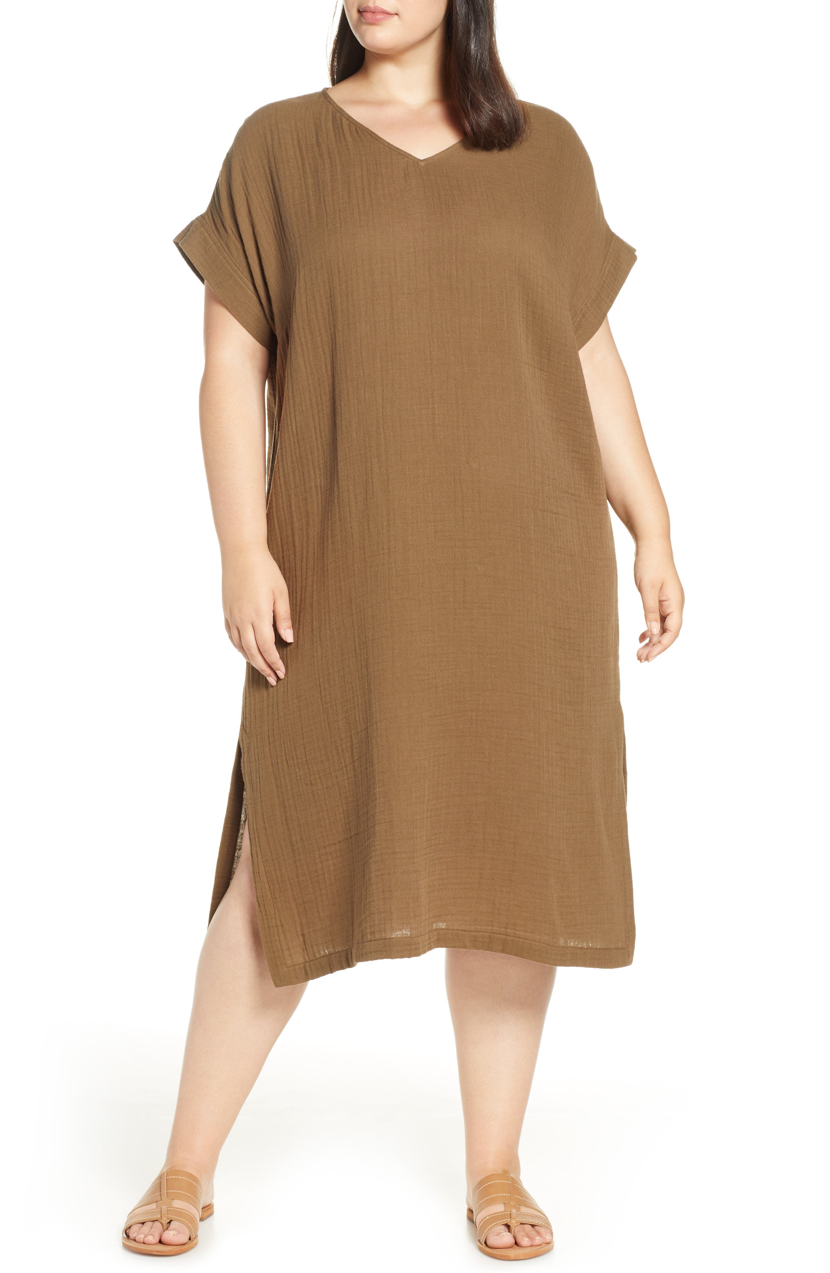 Plus Size Eileen Fisher Organic Cotton Midi Dress, Brown