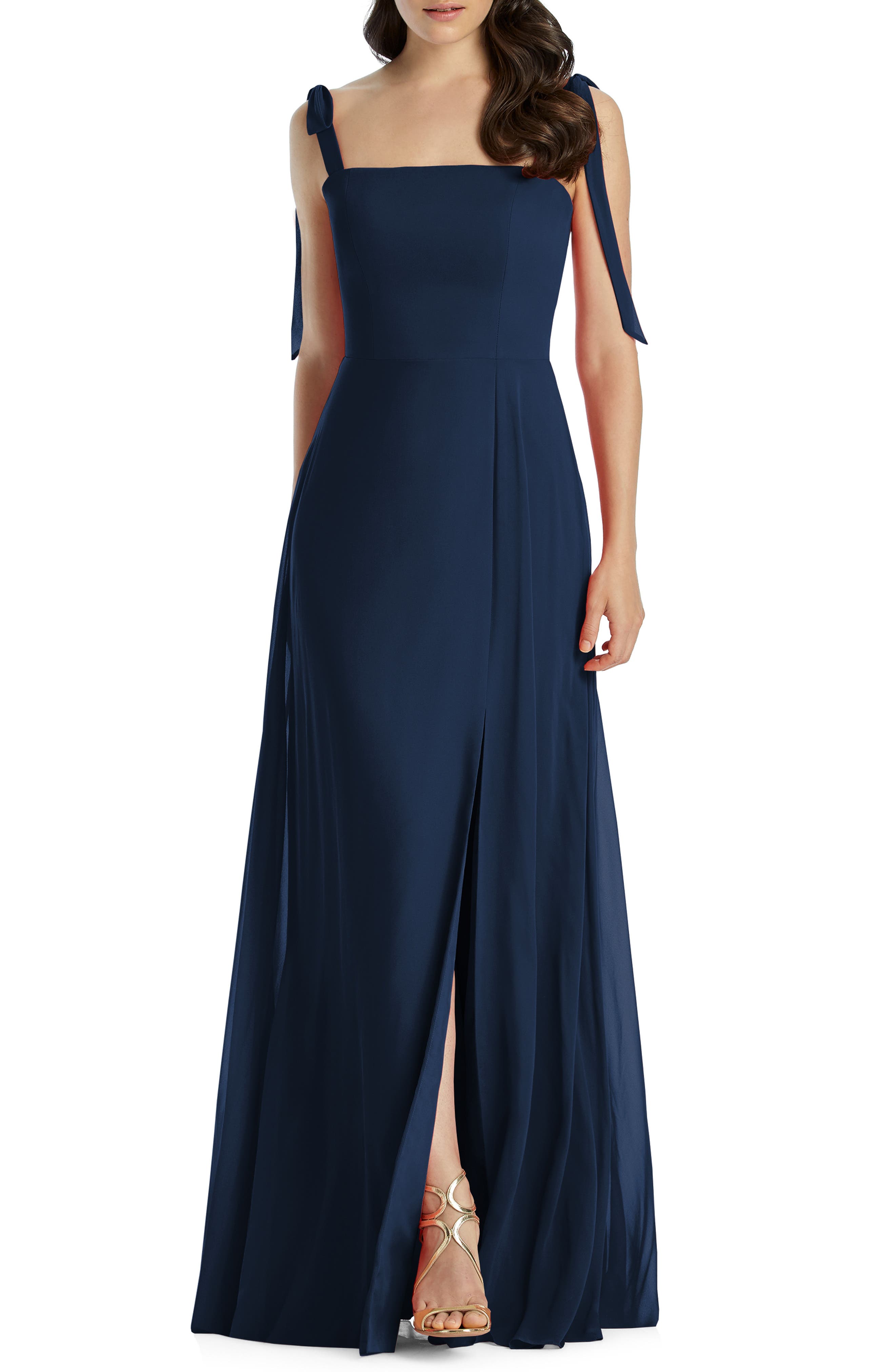 Dessy Collection Shoulder Tie Chiffon Evening Dress, Blue