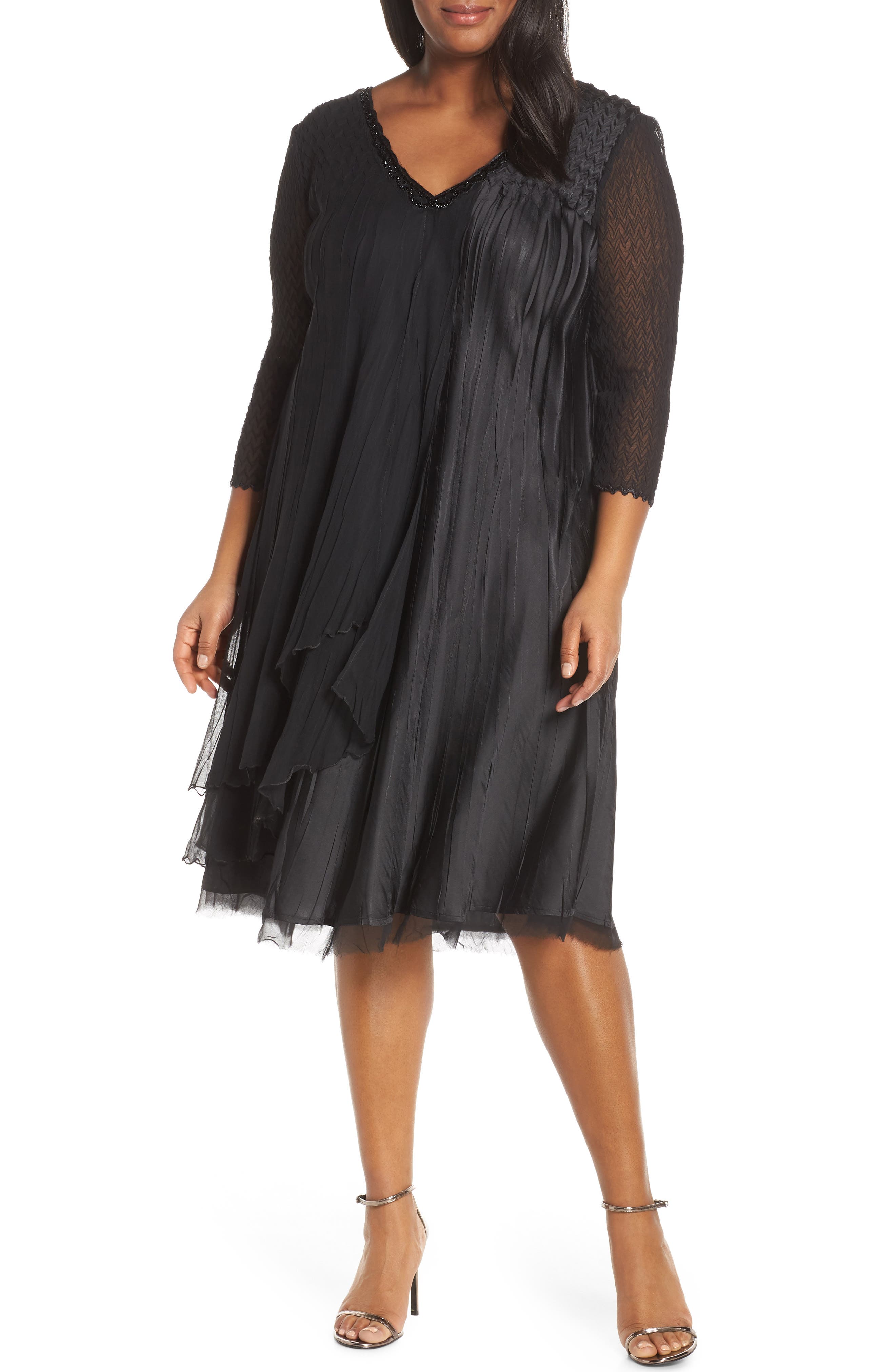 Plus Size Komarov Beaded Neck Chiffon Dress, Black