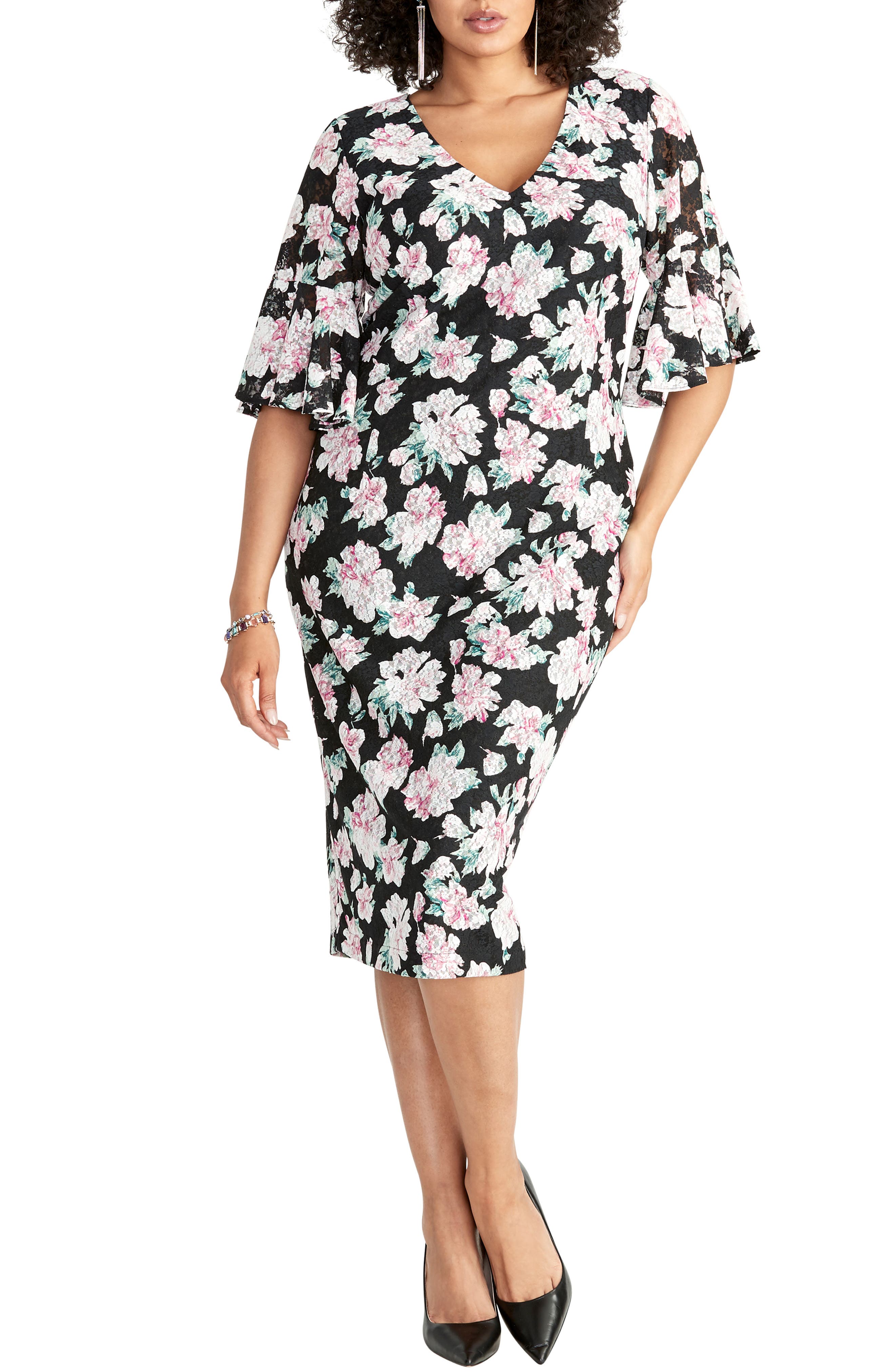 Plus Size Rachel Rachel Roy Ruffle Sleeve Lace Sheath Dress, Black
