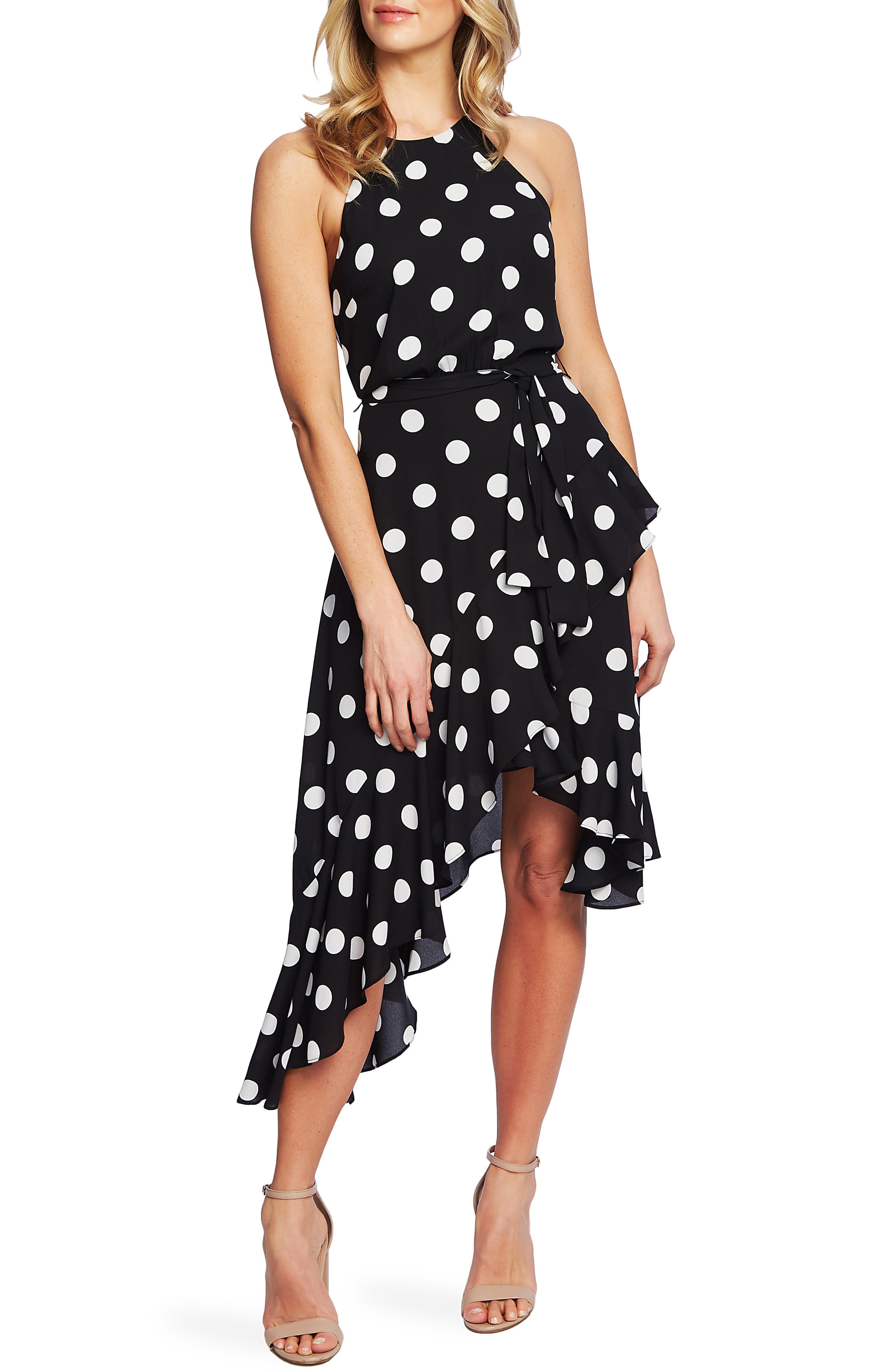 Cece Dappled Dot Cascade Ruffle Sleeveless Dress, Black