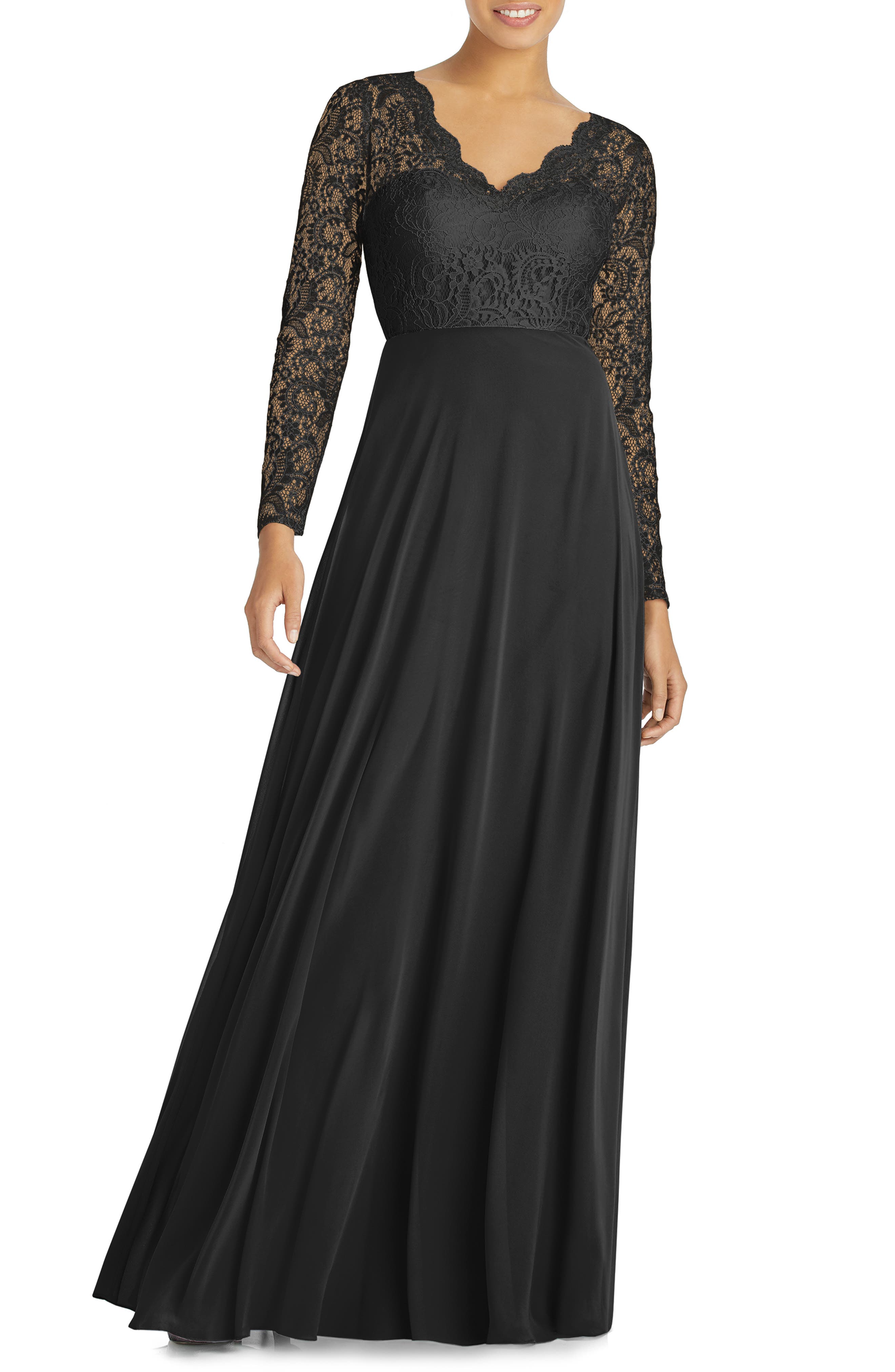 Dessy Collection Long Sleeve Lace & Chiffon Gown, Black