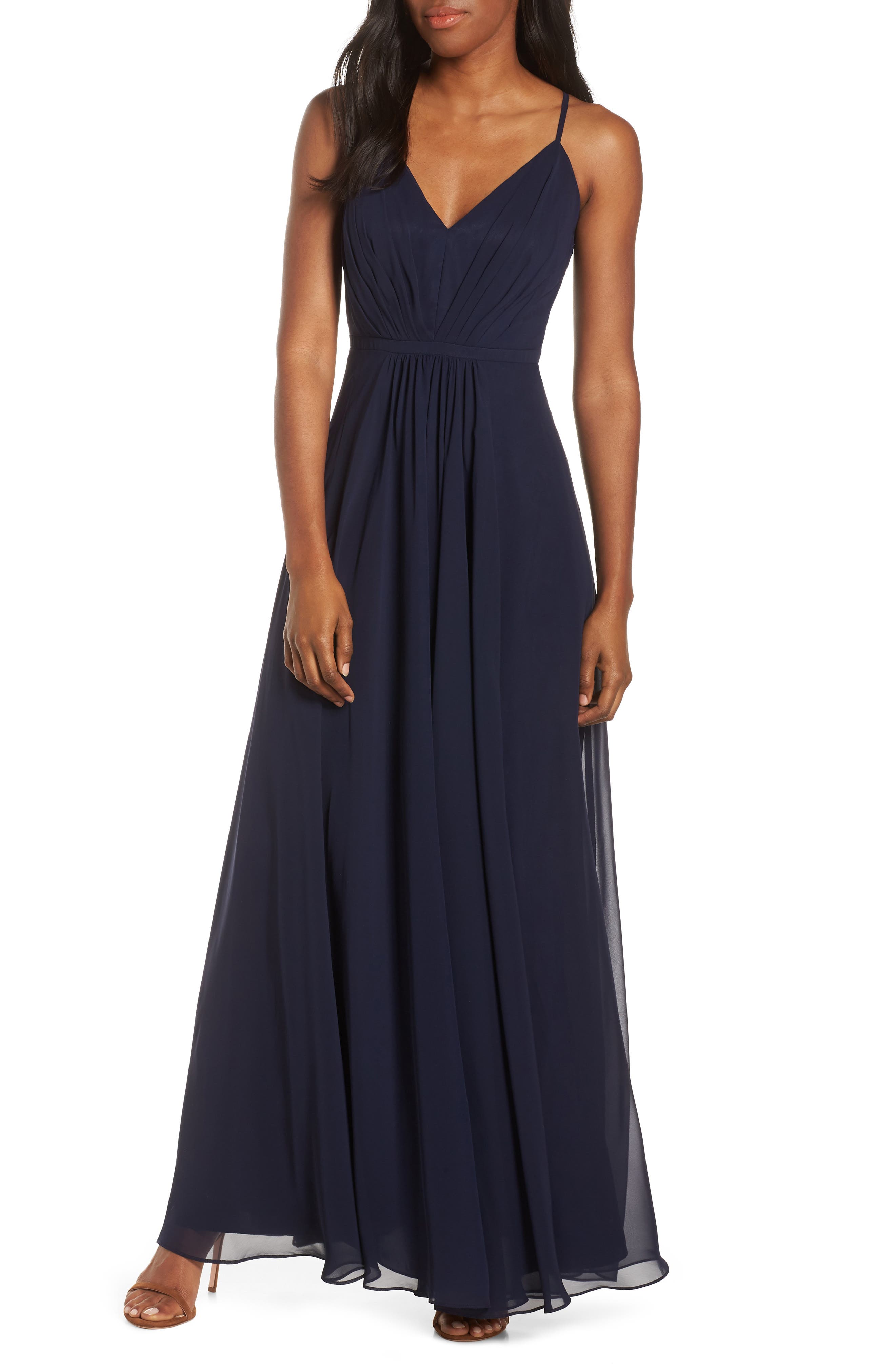 Eliza J V-Neck Pleated Chiffon Gown, Blue