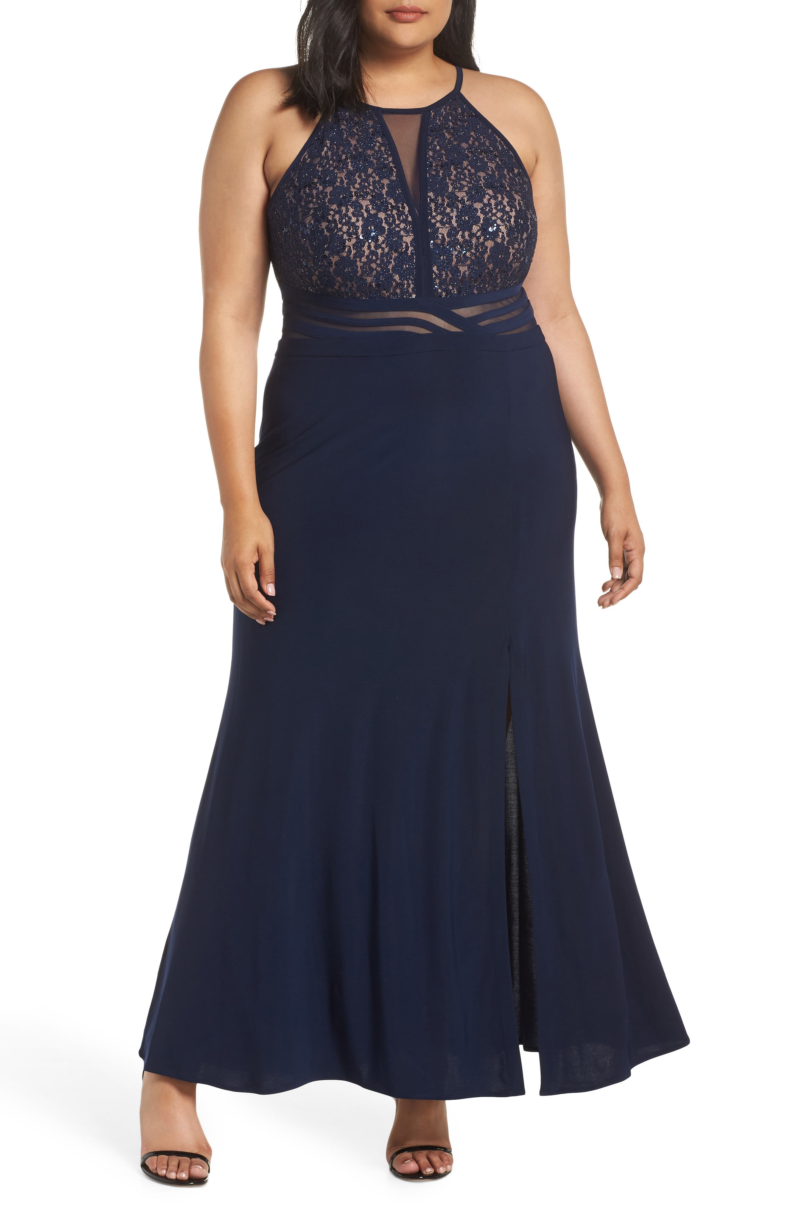 Plus Size Morgan & Co. Illusion Inset Lace Bodice Gown, Blue