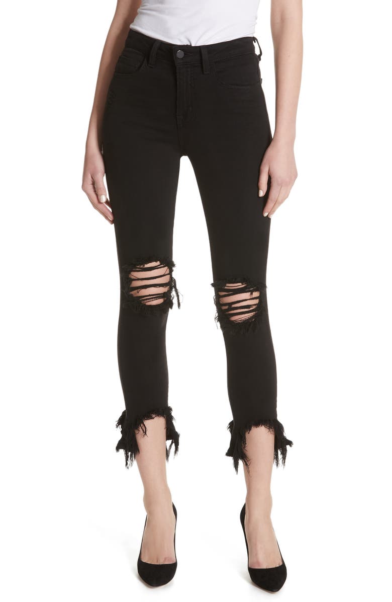 L'AGENCE Highline High Waist Fray Hem Skinny Jeans (Saturated Black ...