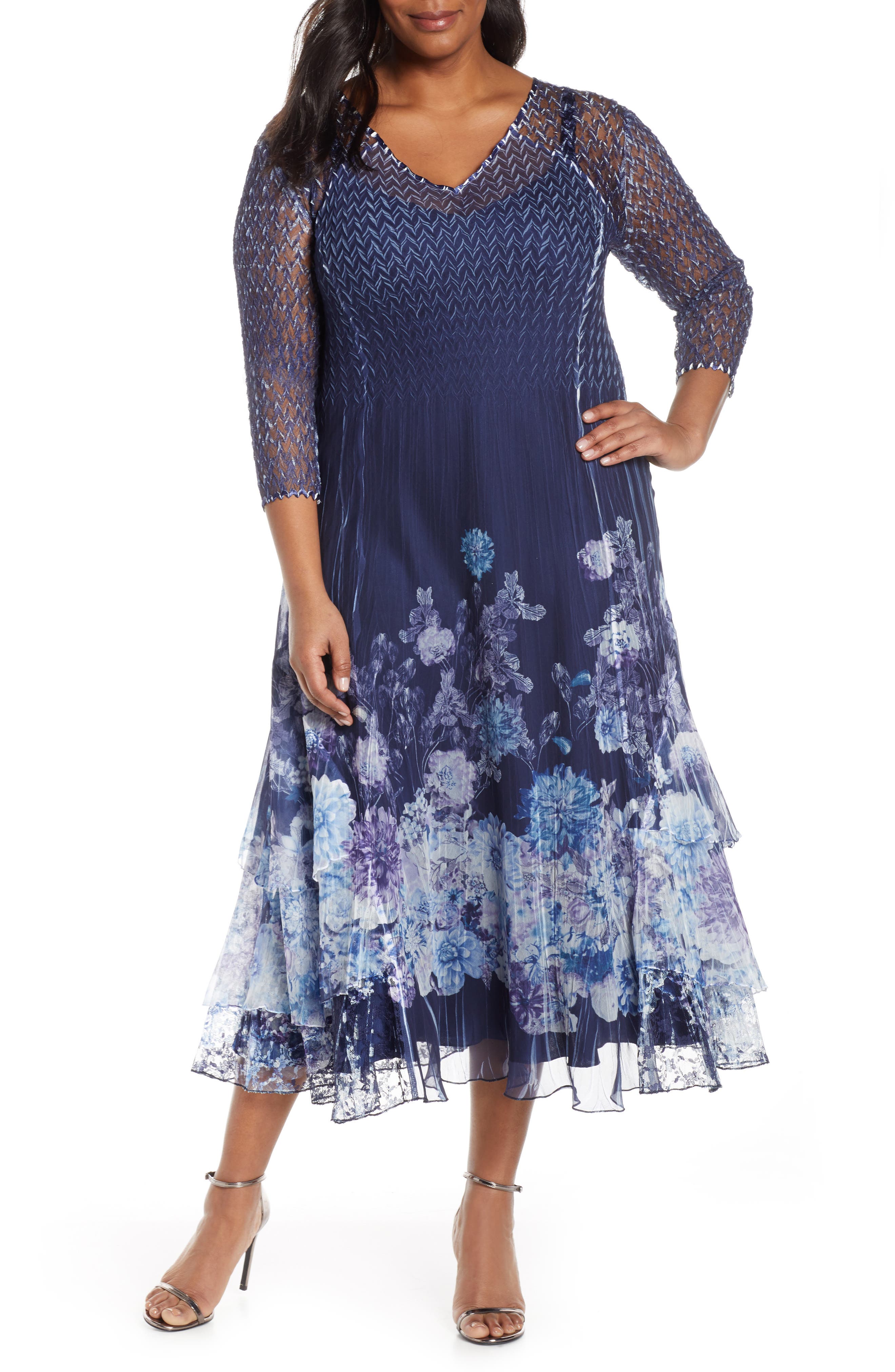 Plus Size Komarov Print Chiffon A-Line Midi Dress, Blue
