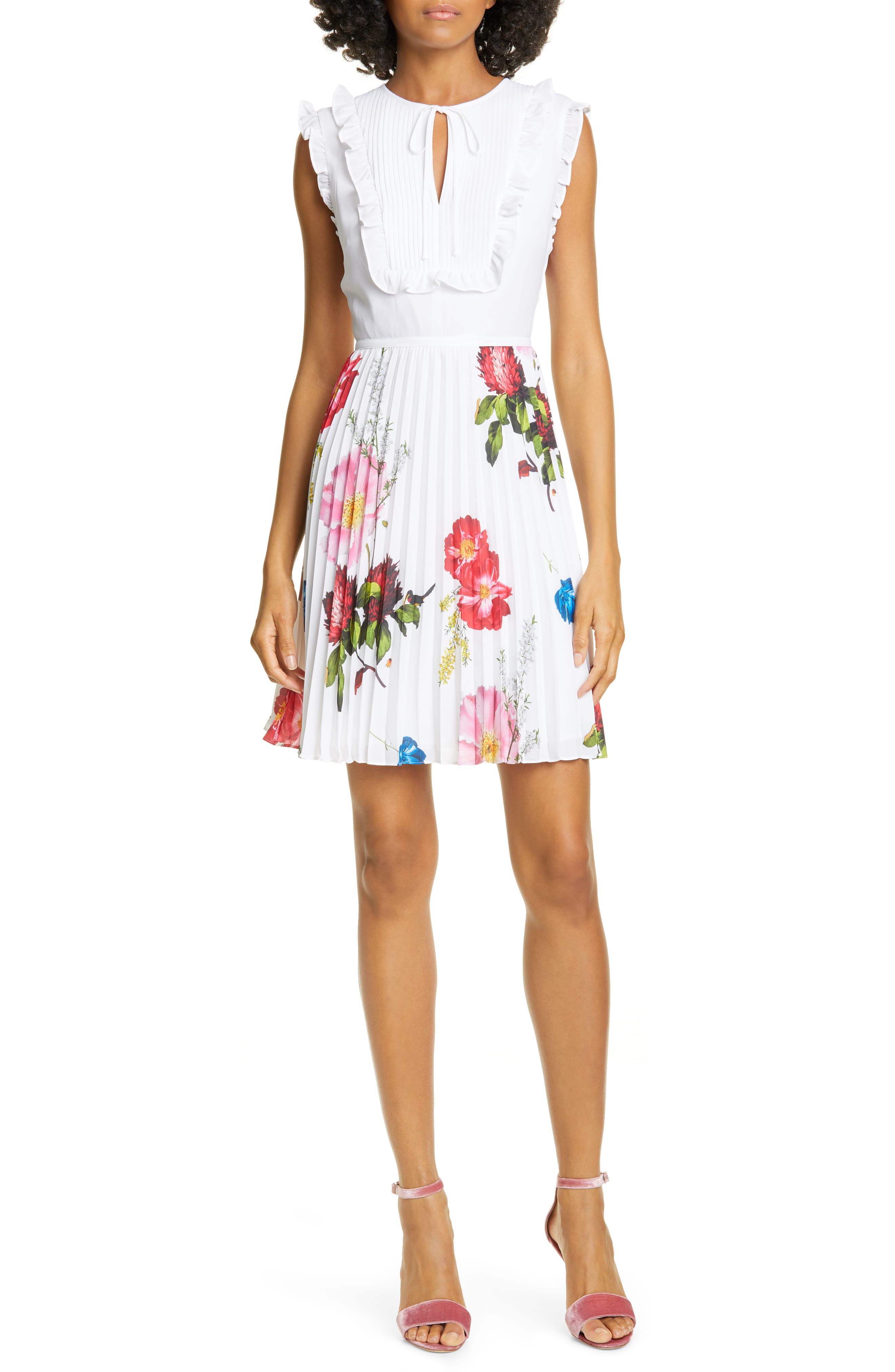 Ted Baker London Romanna Floral Pleat Dress, White