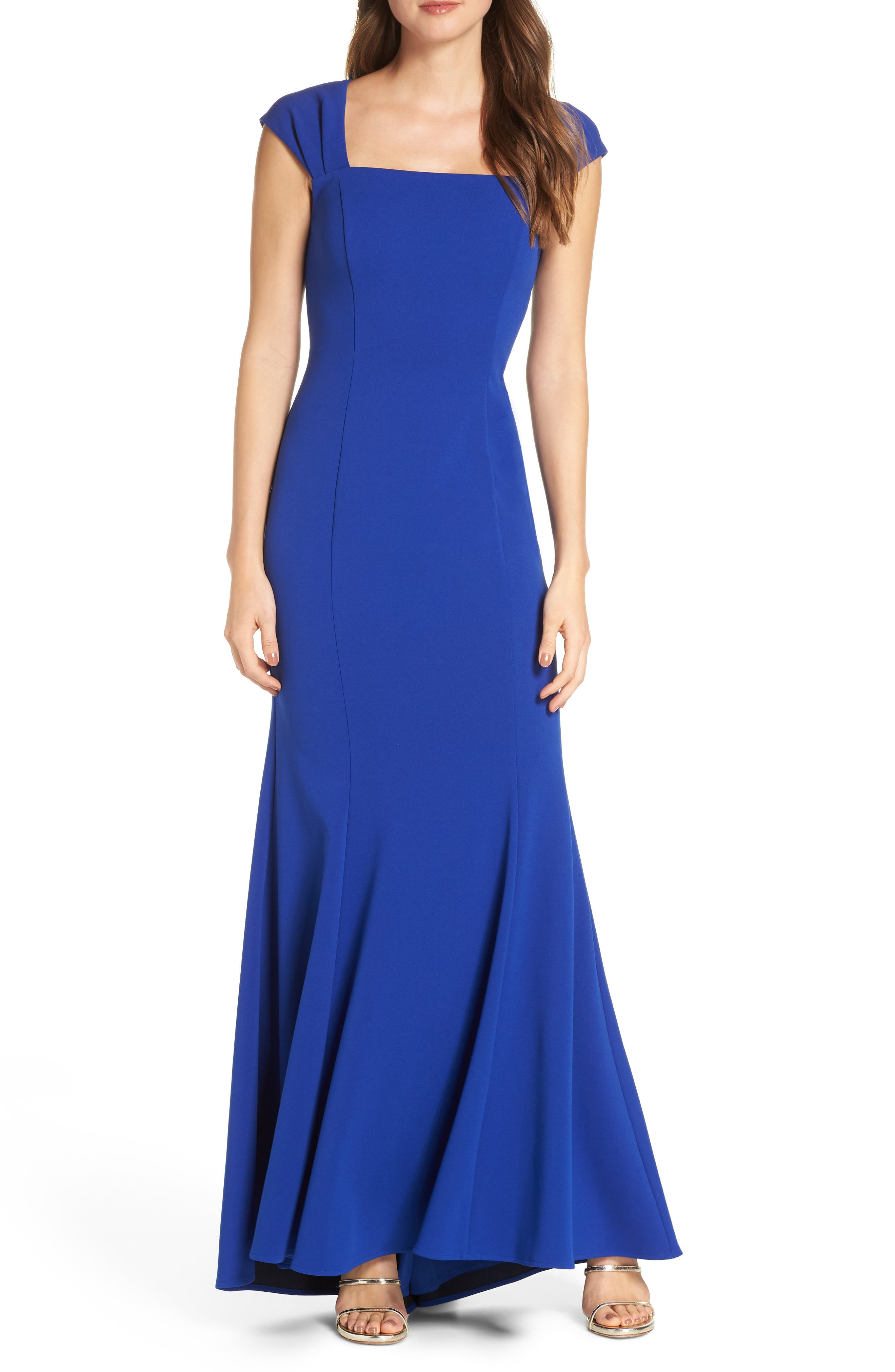 Eliza J Square Neck Scuba Crepe Evening Dress, Blue