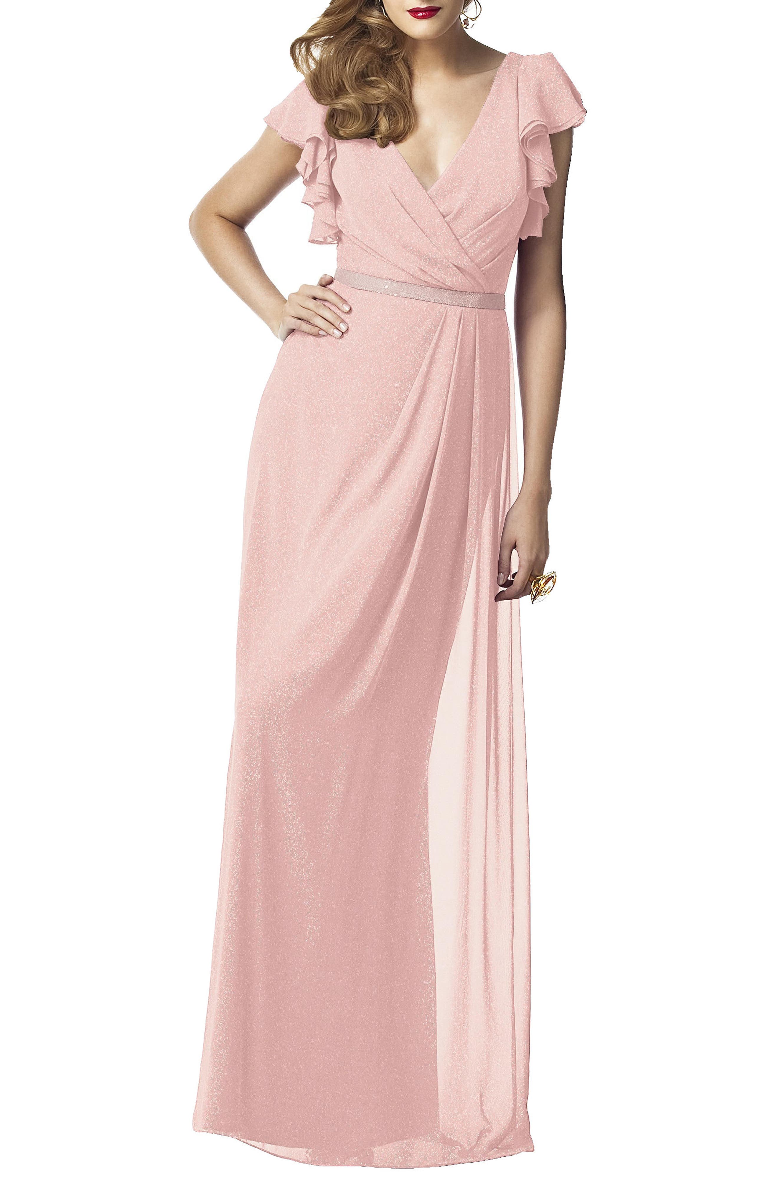 Dessy Collection Sequin Flutter Sleeve Gown, Pink