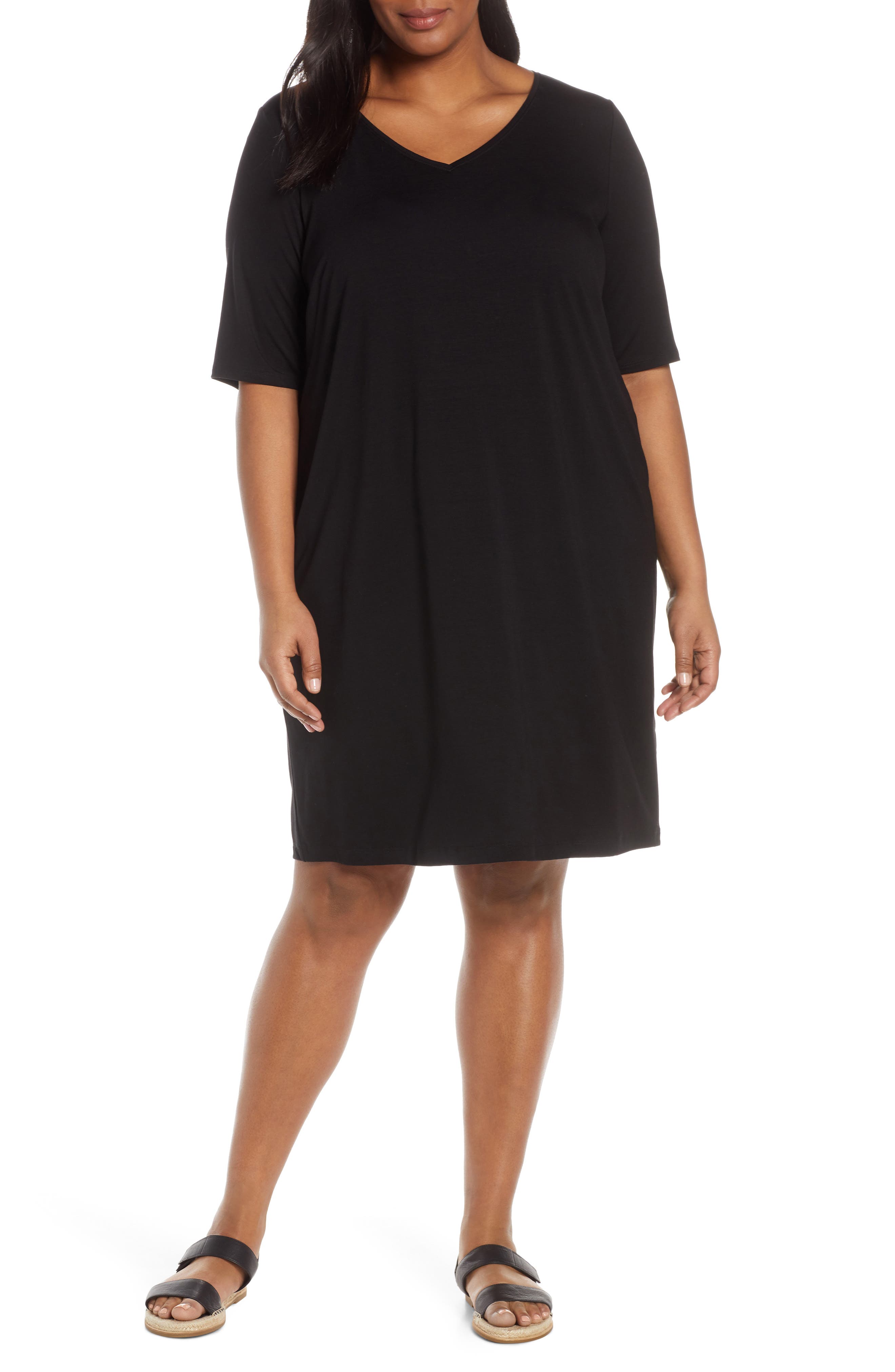 Plus Size Eileen Fisher V-Neck Shift Dress, Black