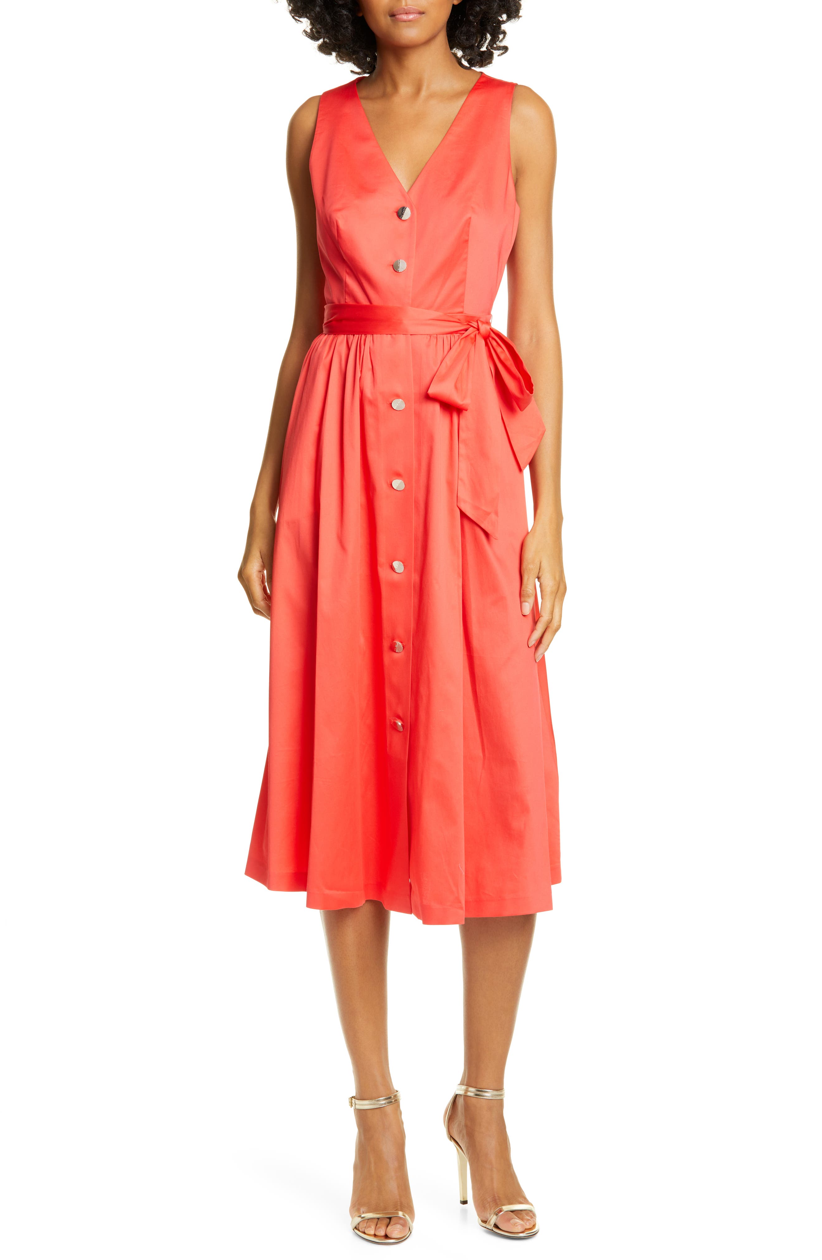 Ted Baker London Ryylie Button-Up Tie Front Cotton Midi Dress, Red