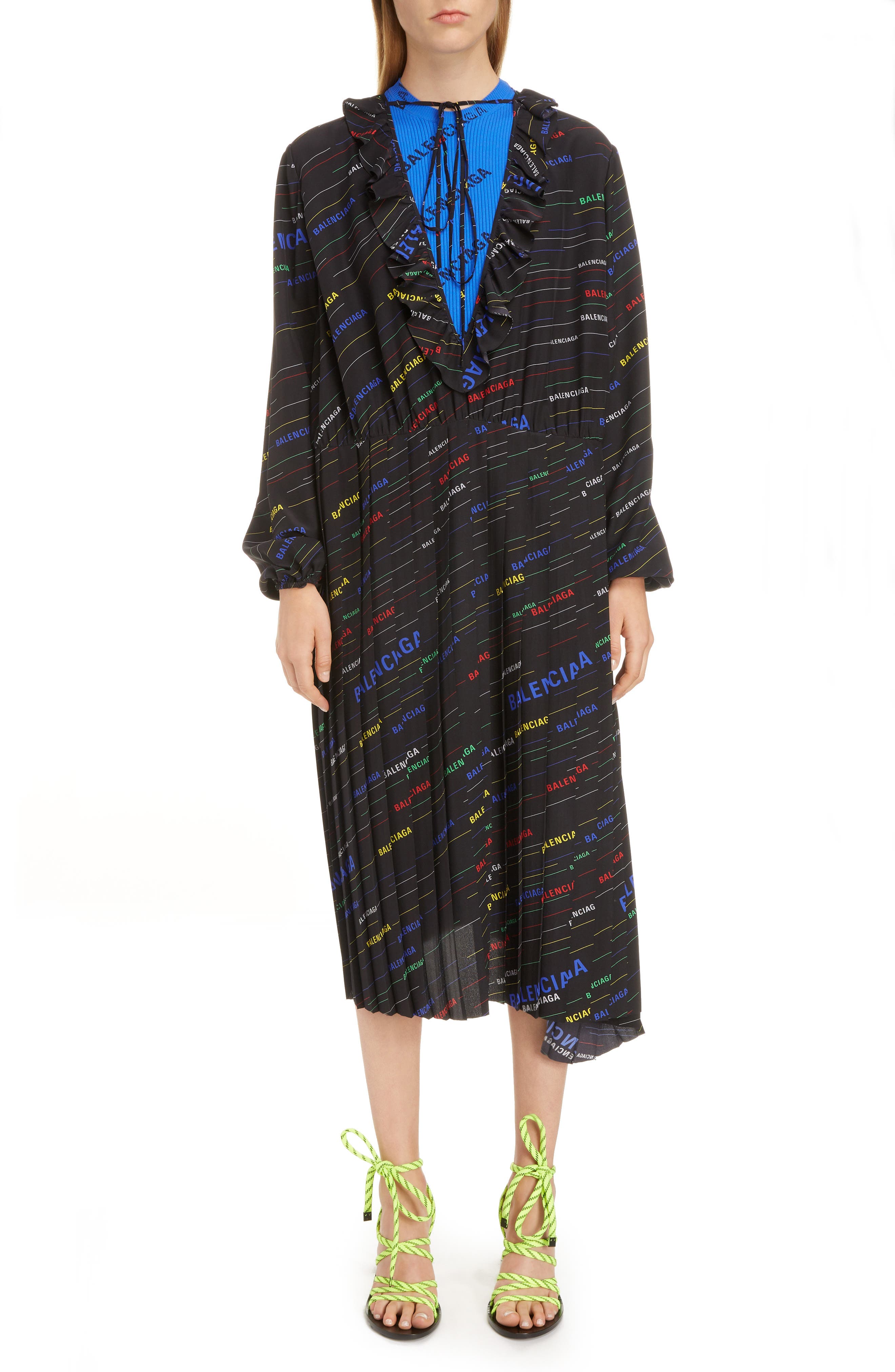 Balenciaga Stripe Logo Print Ruffle Dress, US / 40 FR - Black
