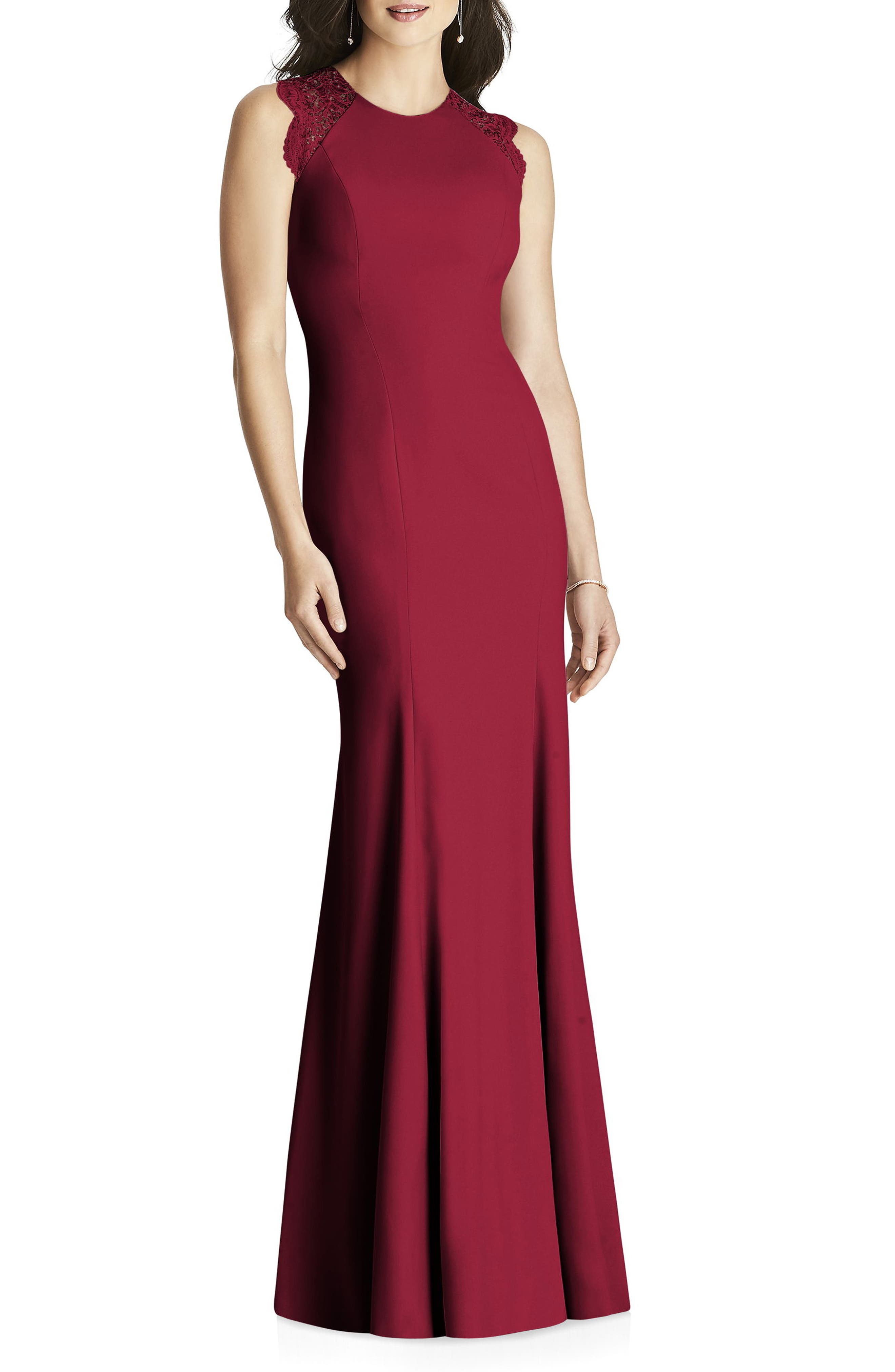 Dessy Collection Lace Back Crepe Gown, Burgundy