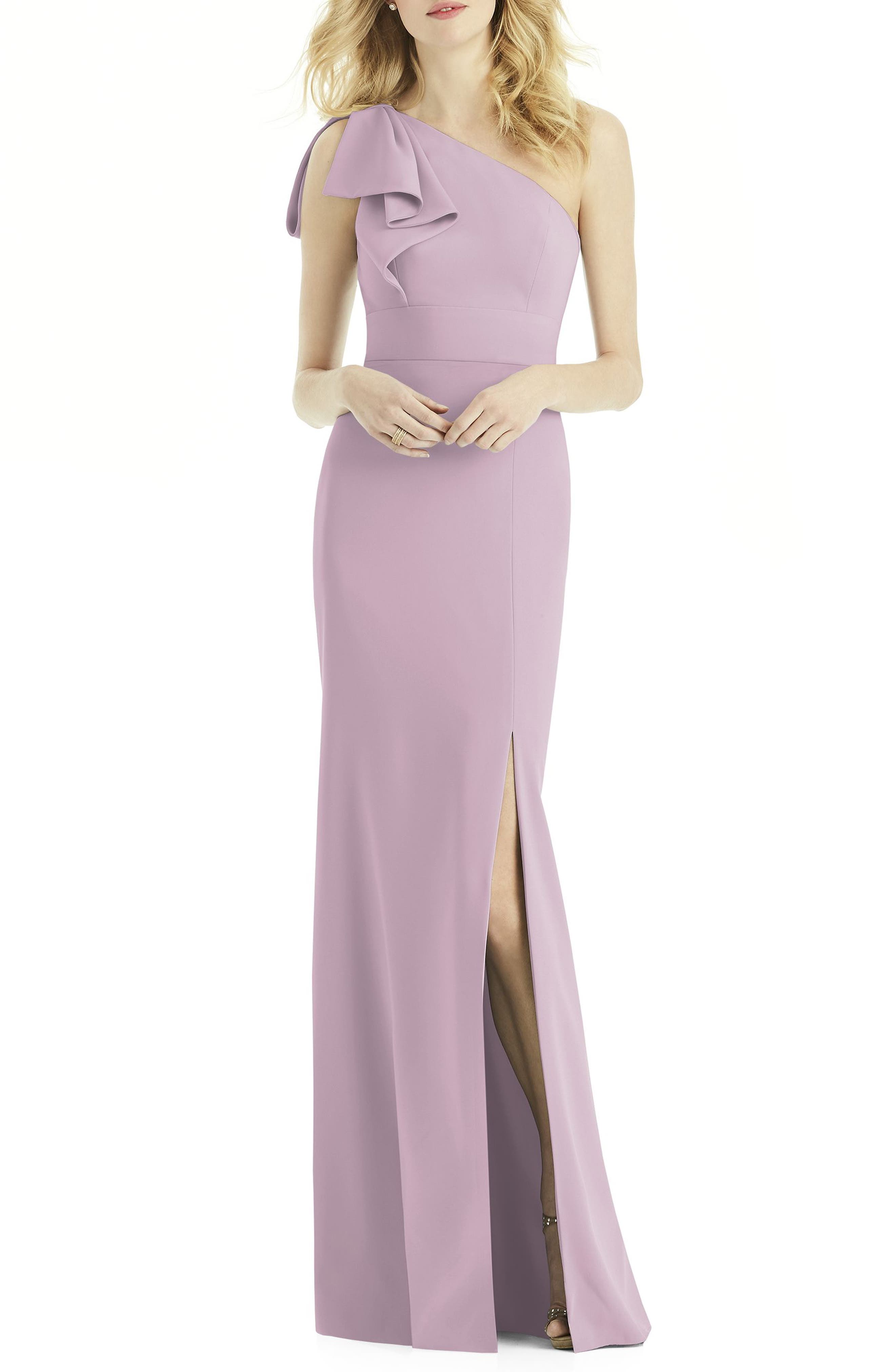 After Six Bow One-Shoulder Gown, Purple