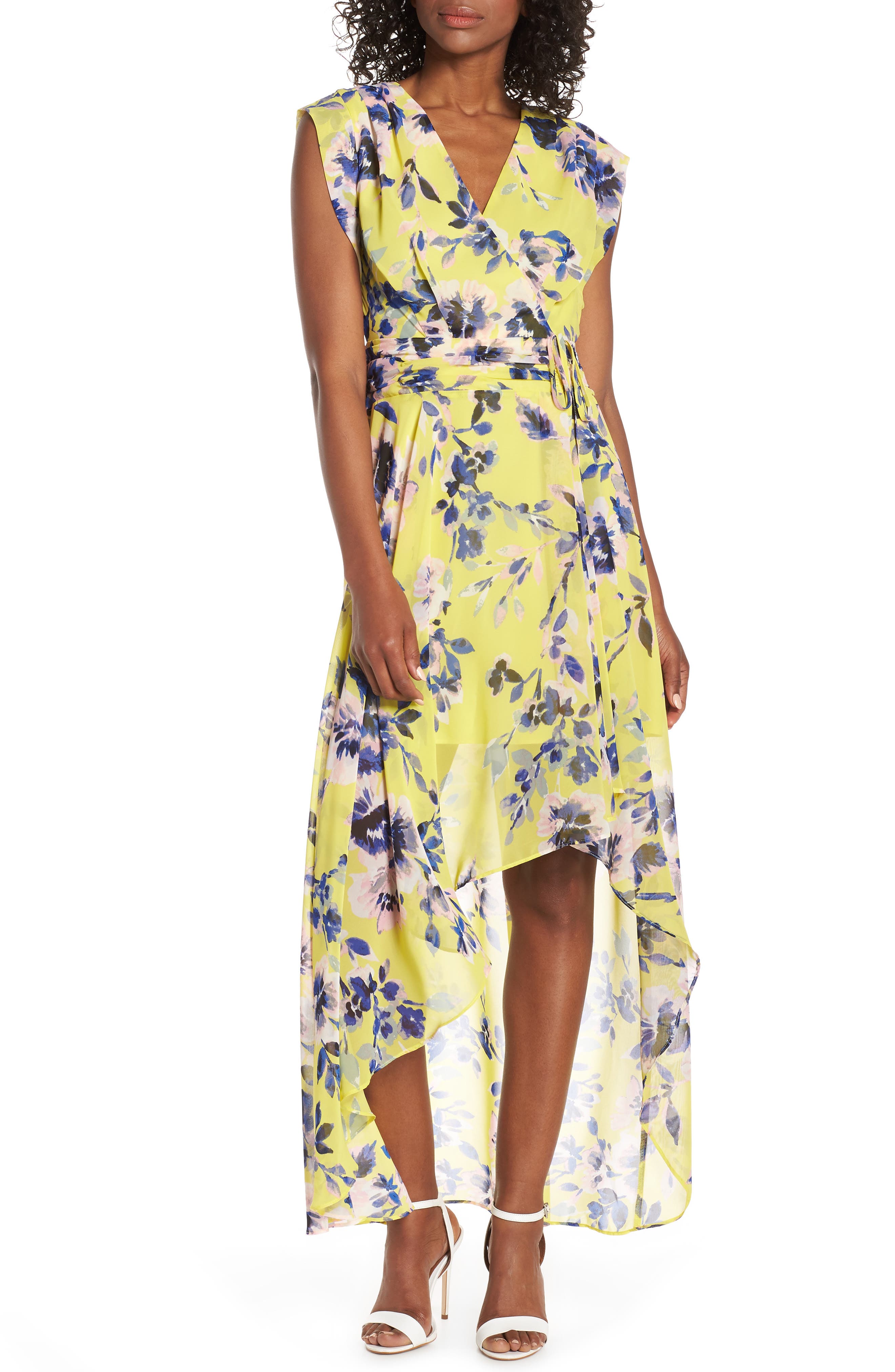 Eliza J Surplice High/low Chiffon Maxi Dress, Yellow