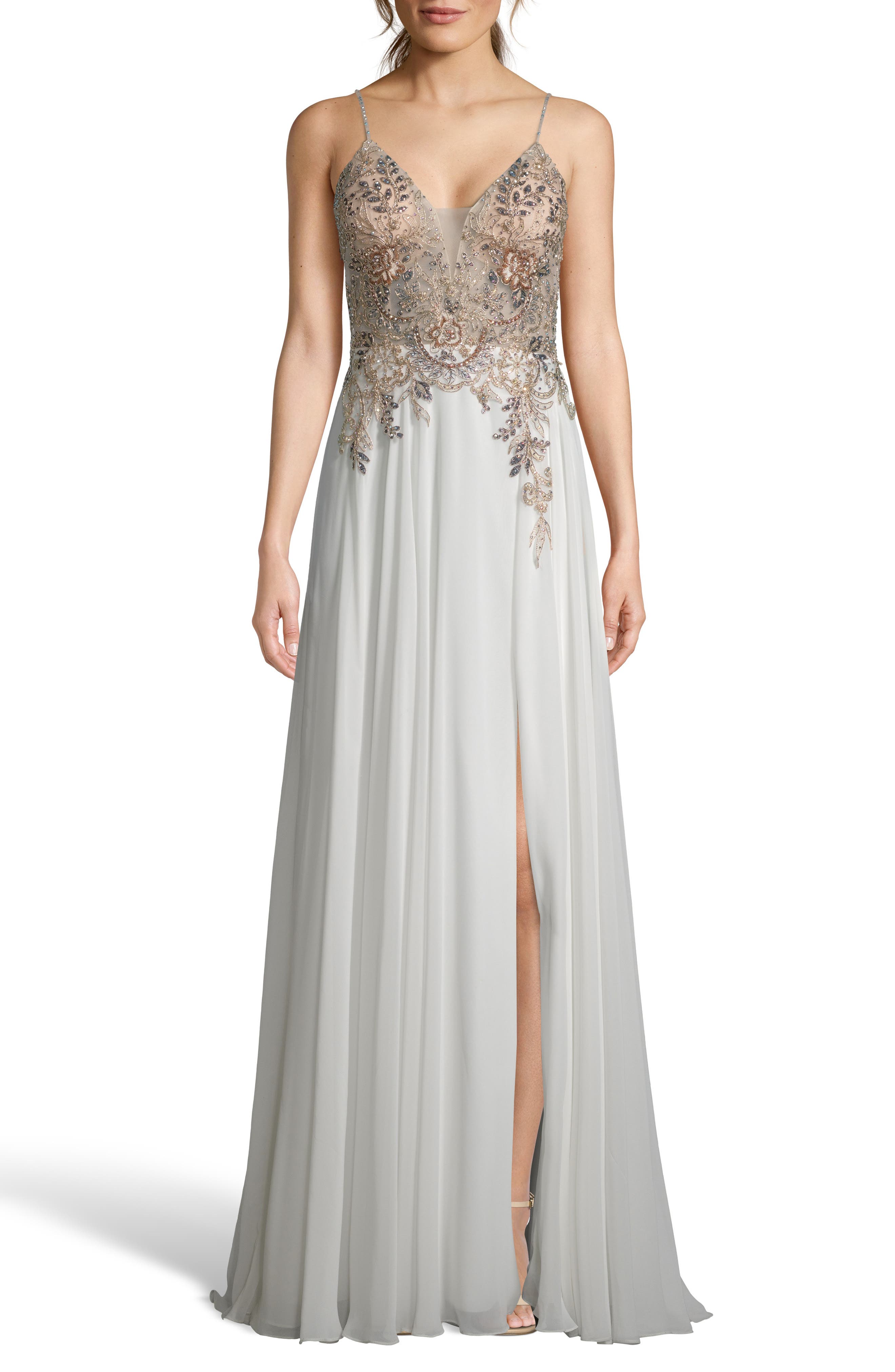 Xscape Open Back Embellished Evening Dress, Ivory