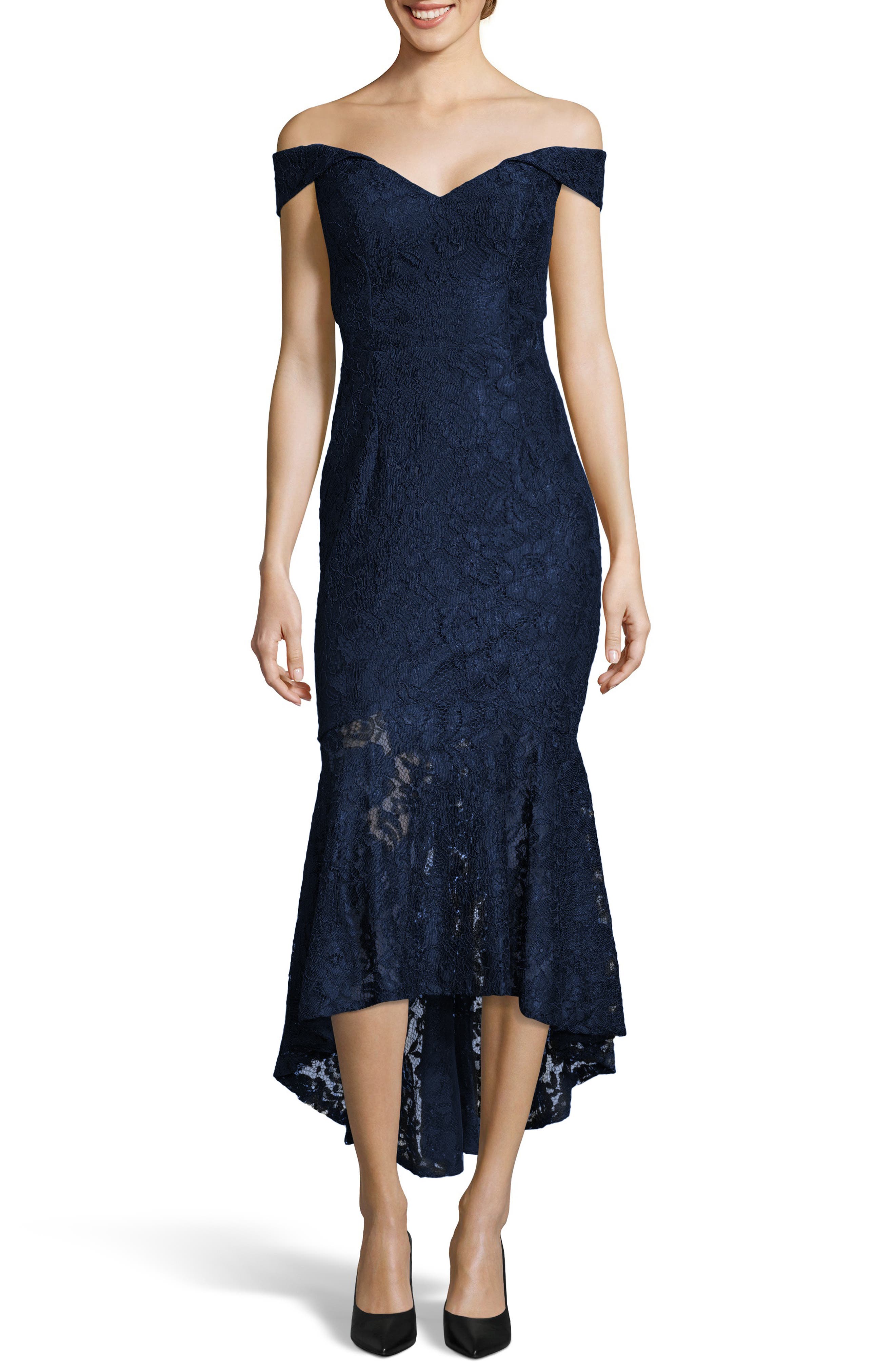 Xscape Off The Shoulder High/low Hem Lace Cocktail Dress, Blue