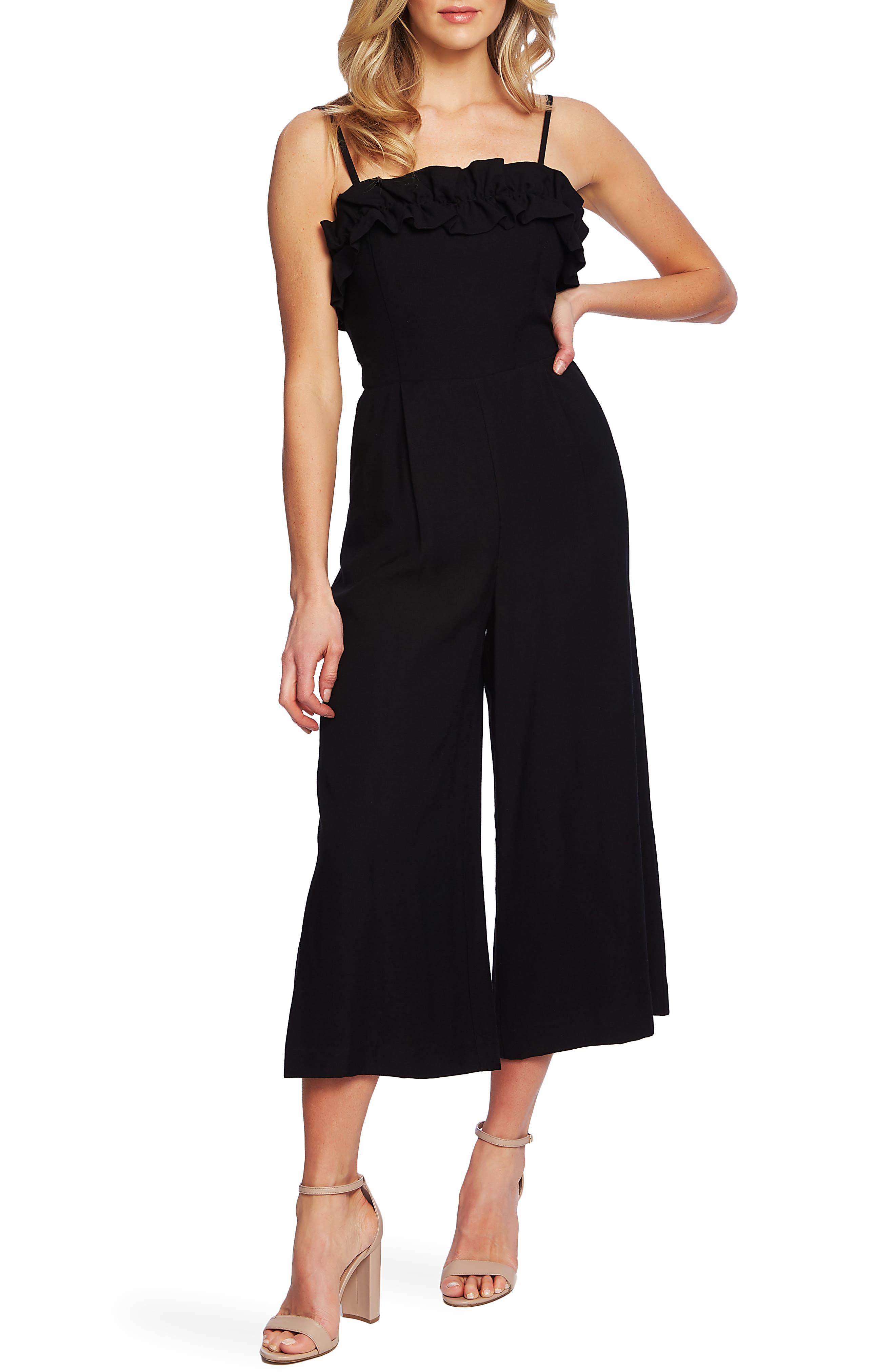 Cece Ruffled Neck Crop Jumpsuit, Black