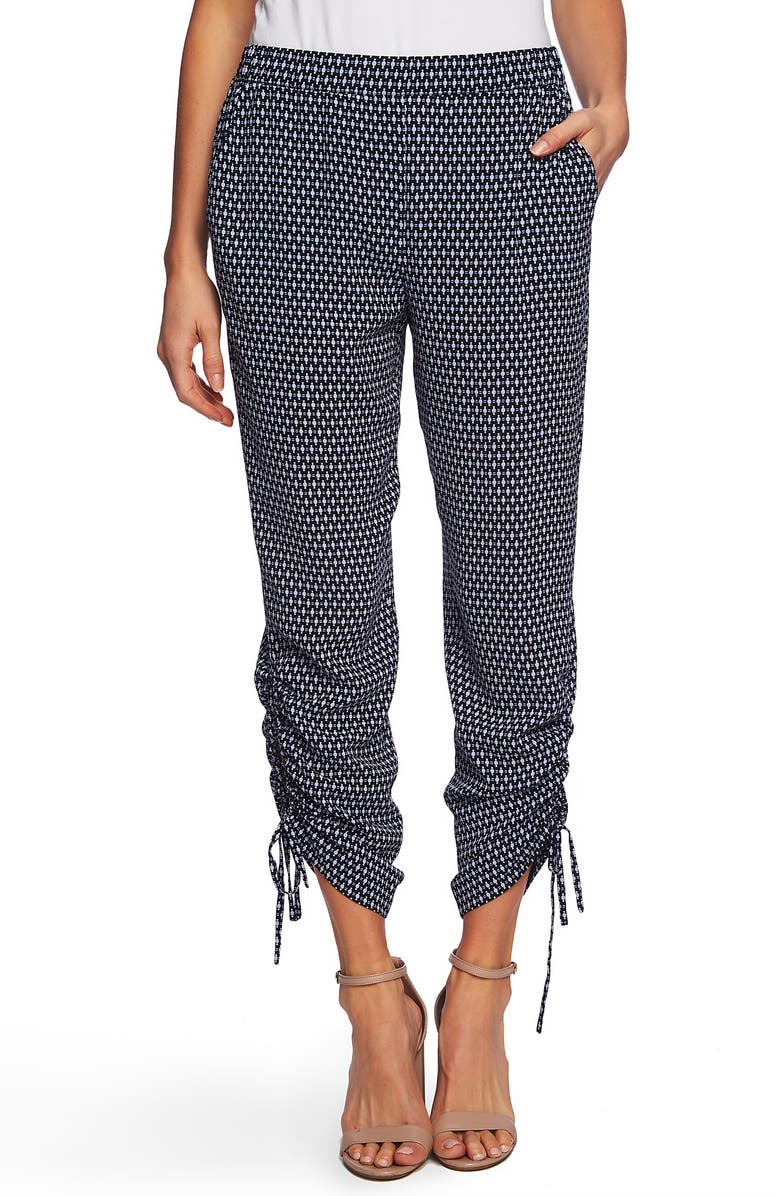 CECE Garden Geo Ruched Ankle Pants, Main, color, CAVIAR