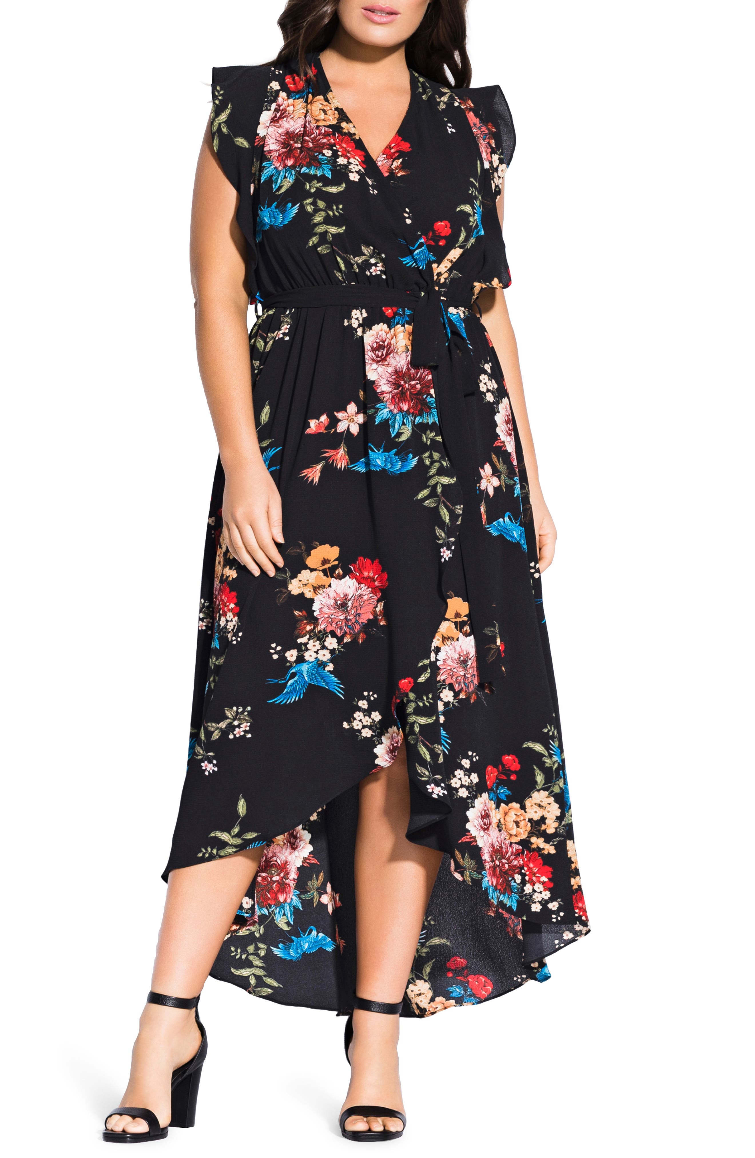 Plus Size City Chic Avery Floral Faux Wrap Maxi Dress, Black