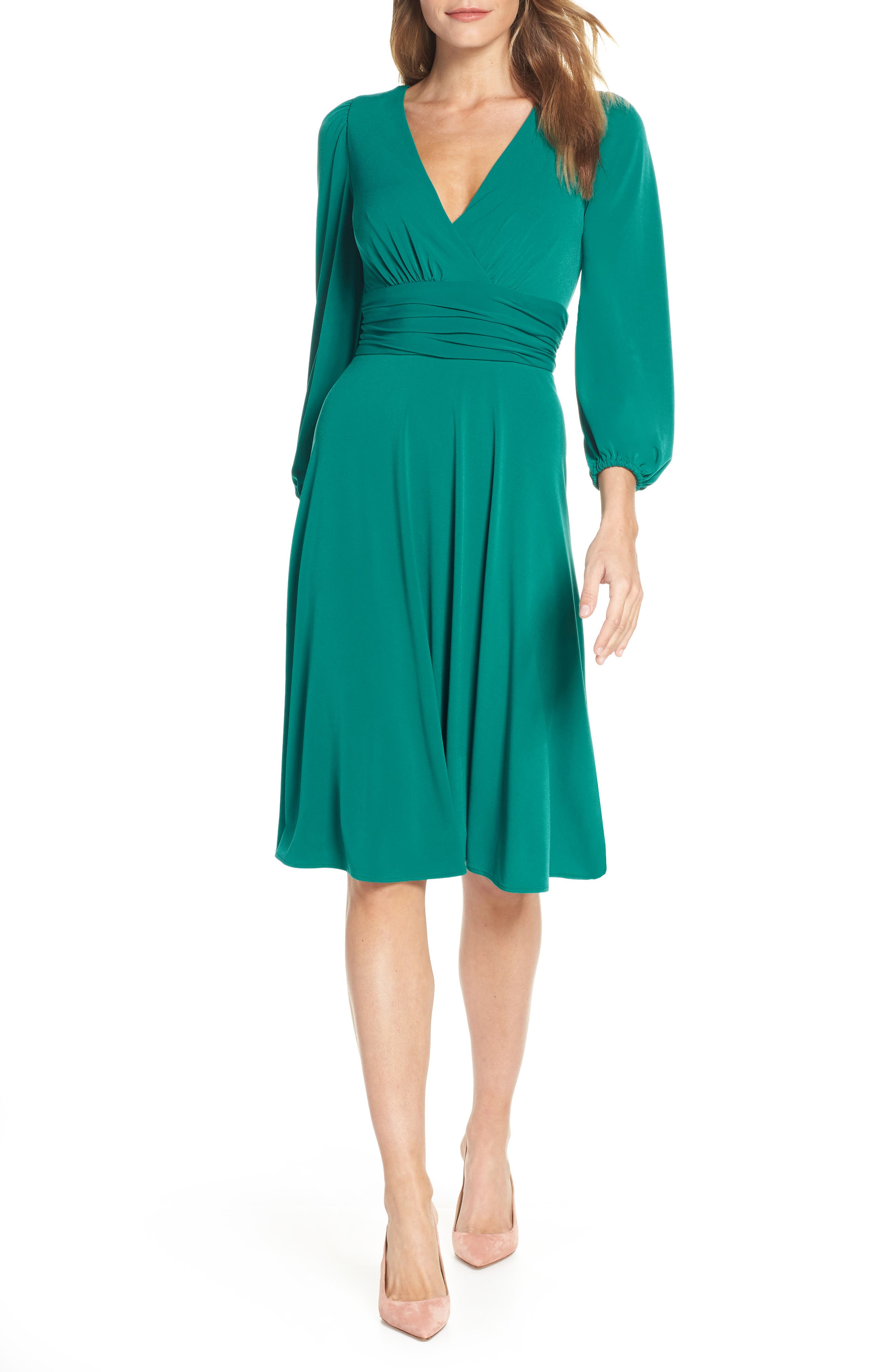 Eliza J V-Neck Fit & Flare Dress, Green