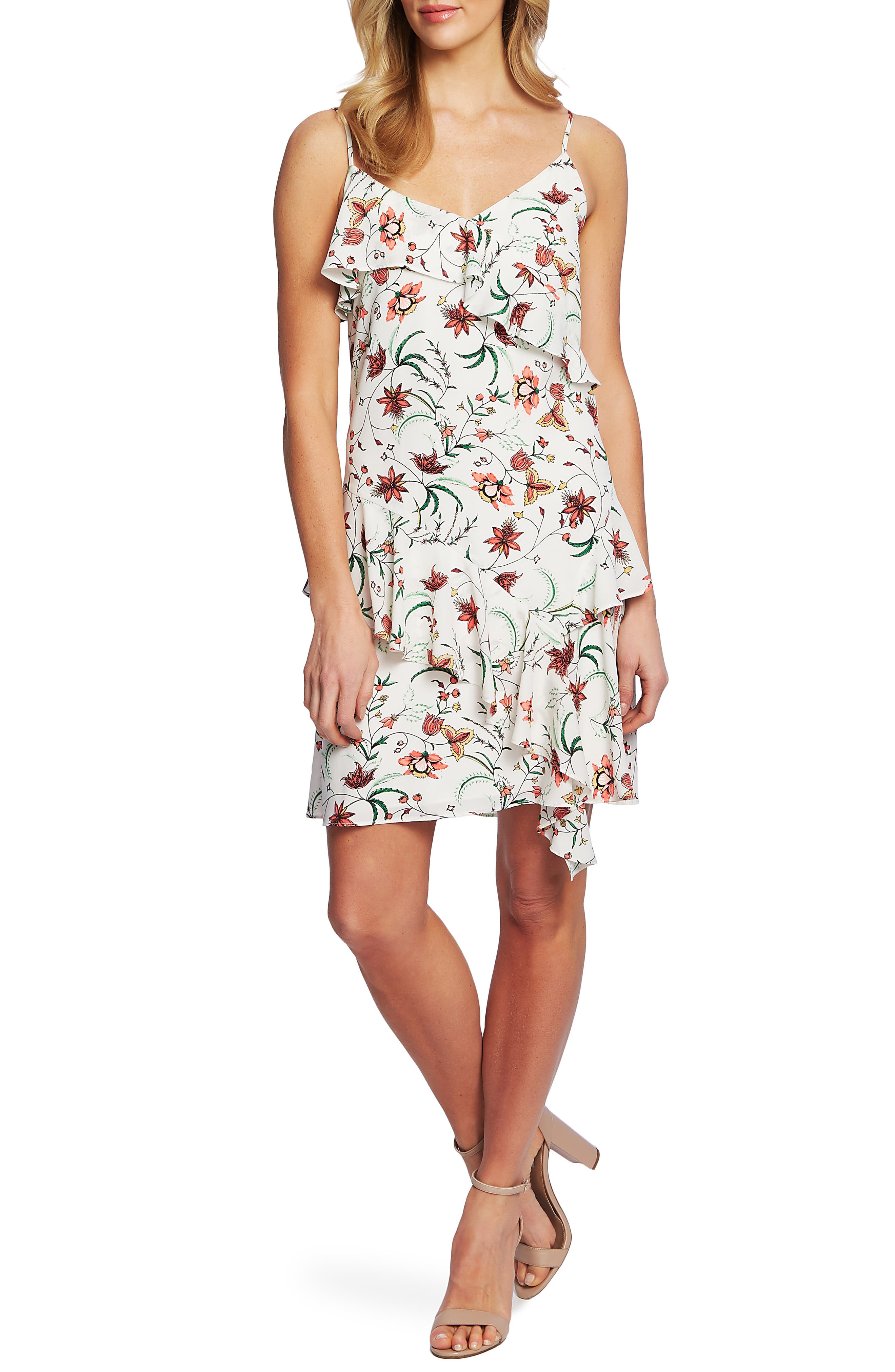Cece Marrakesh Ink Floral Print Sleeveless Ruffle Dress, Ivory