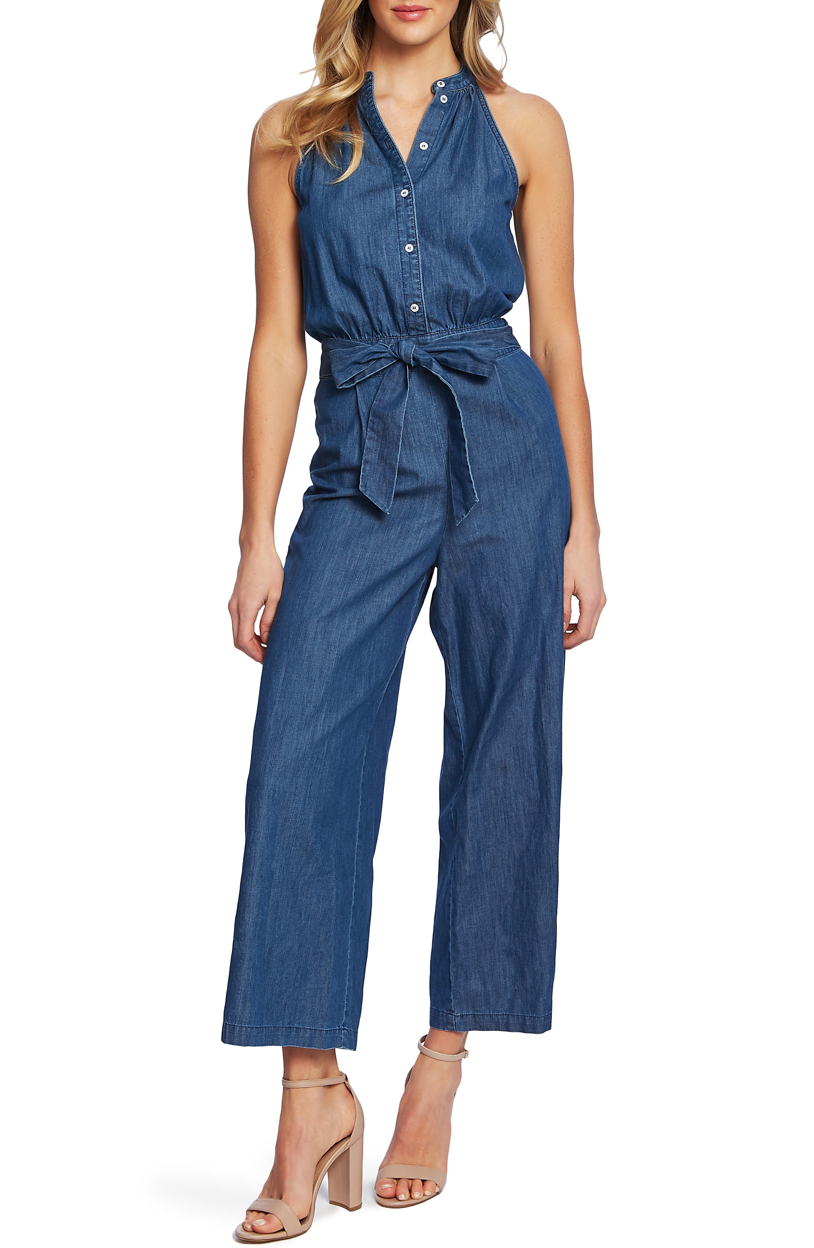 Cece Sleeveless Belted Jumpsuit, Blue