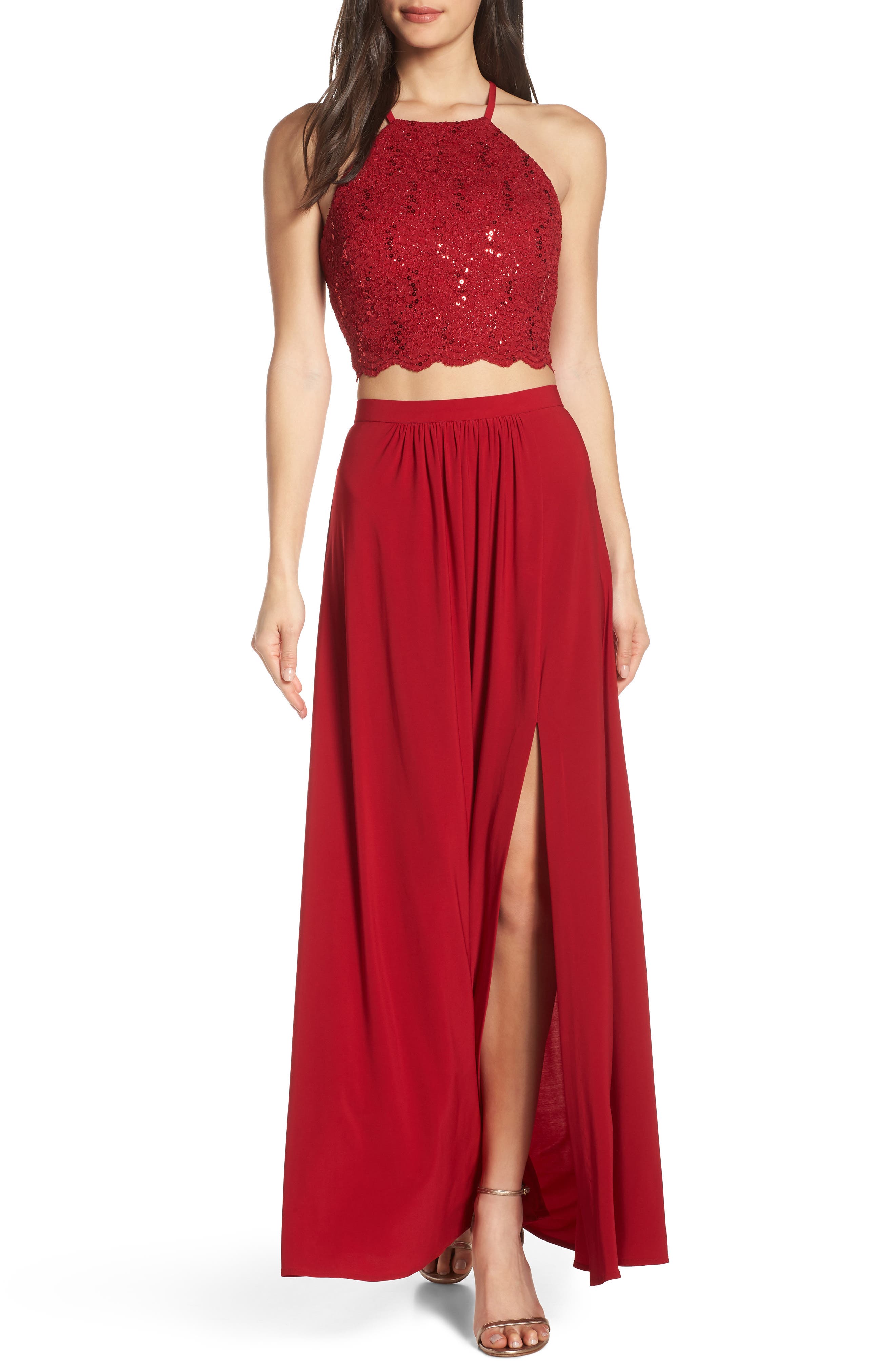 Morgan & Co. Two-Piece Lace Halter Bodice Evening Dress