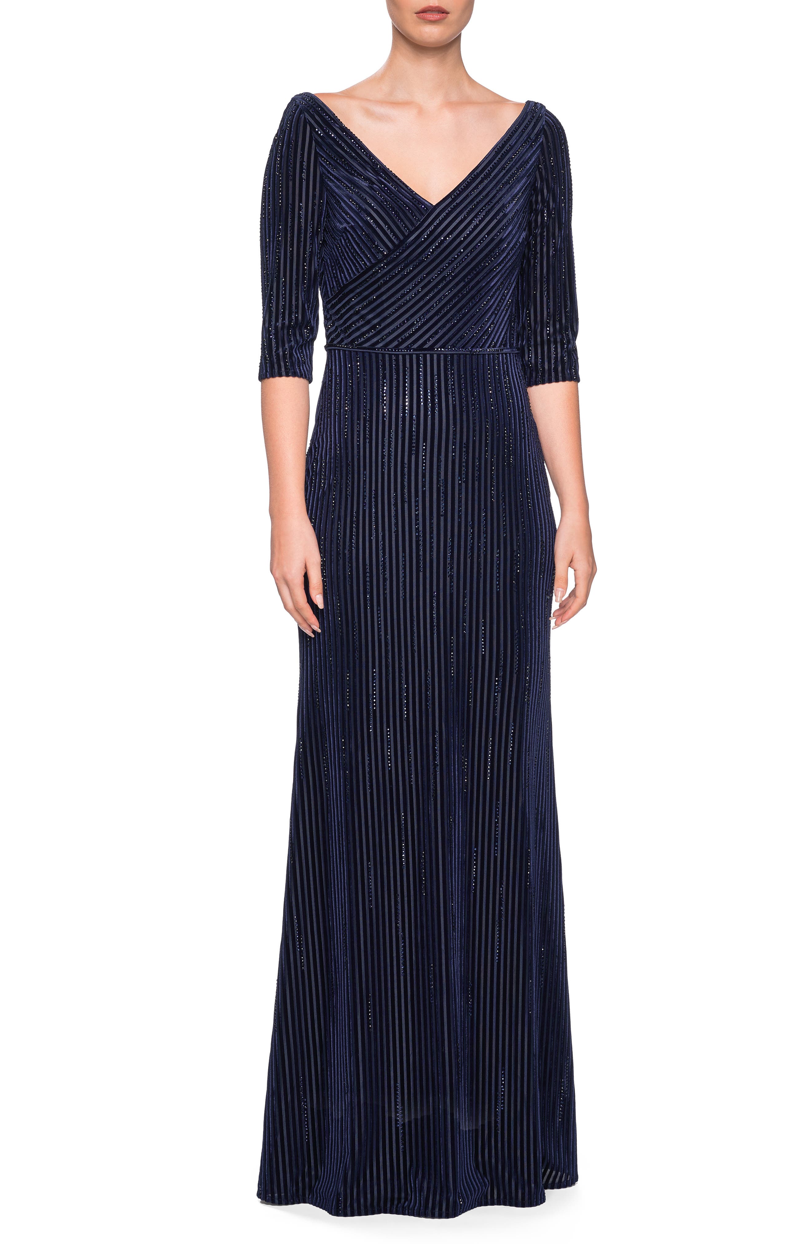La Femme Striped Velvet Column Gown, Blue