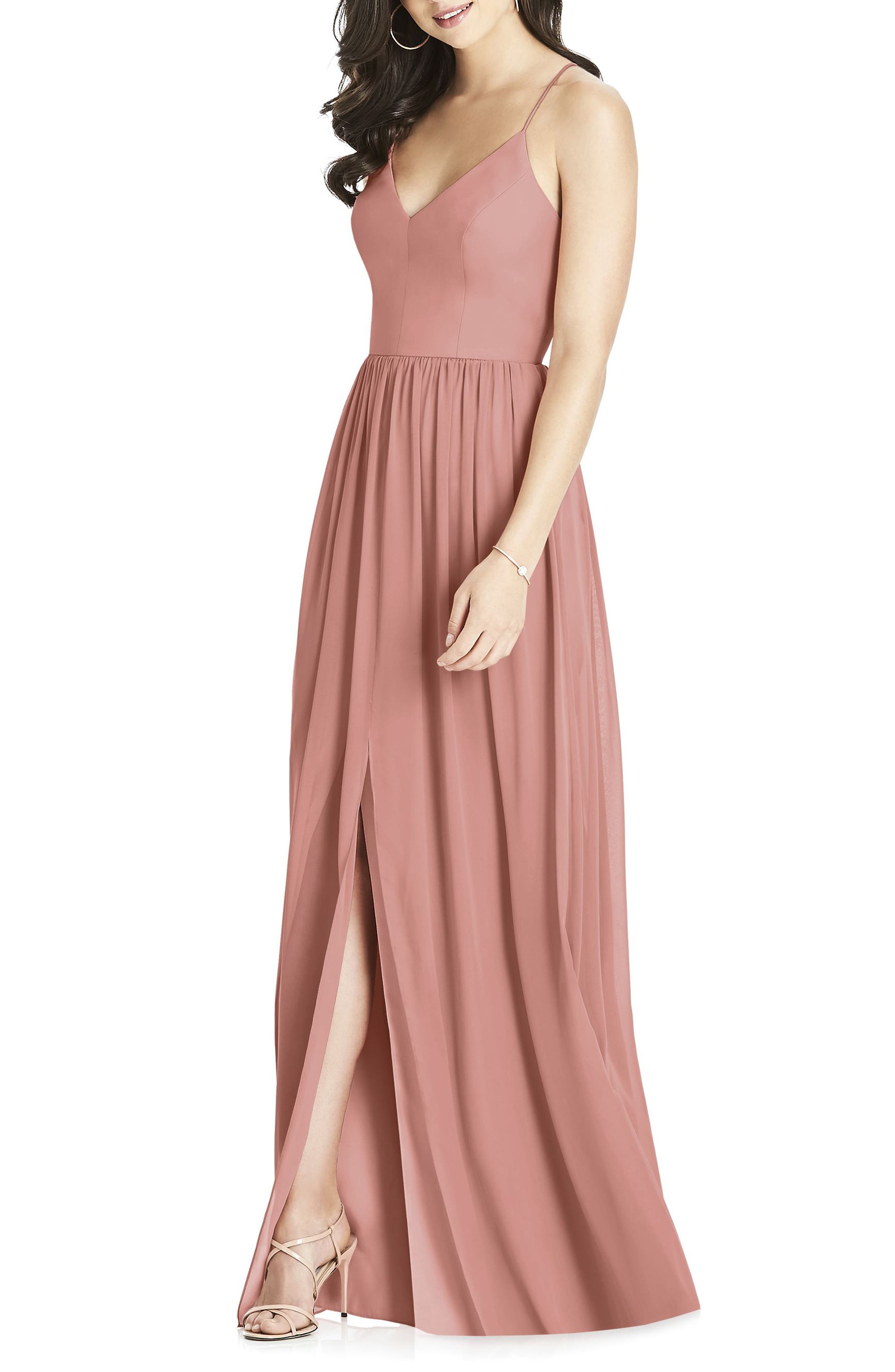 Dessy Collection Spaghetti Strap Chiffon Gown, Pink