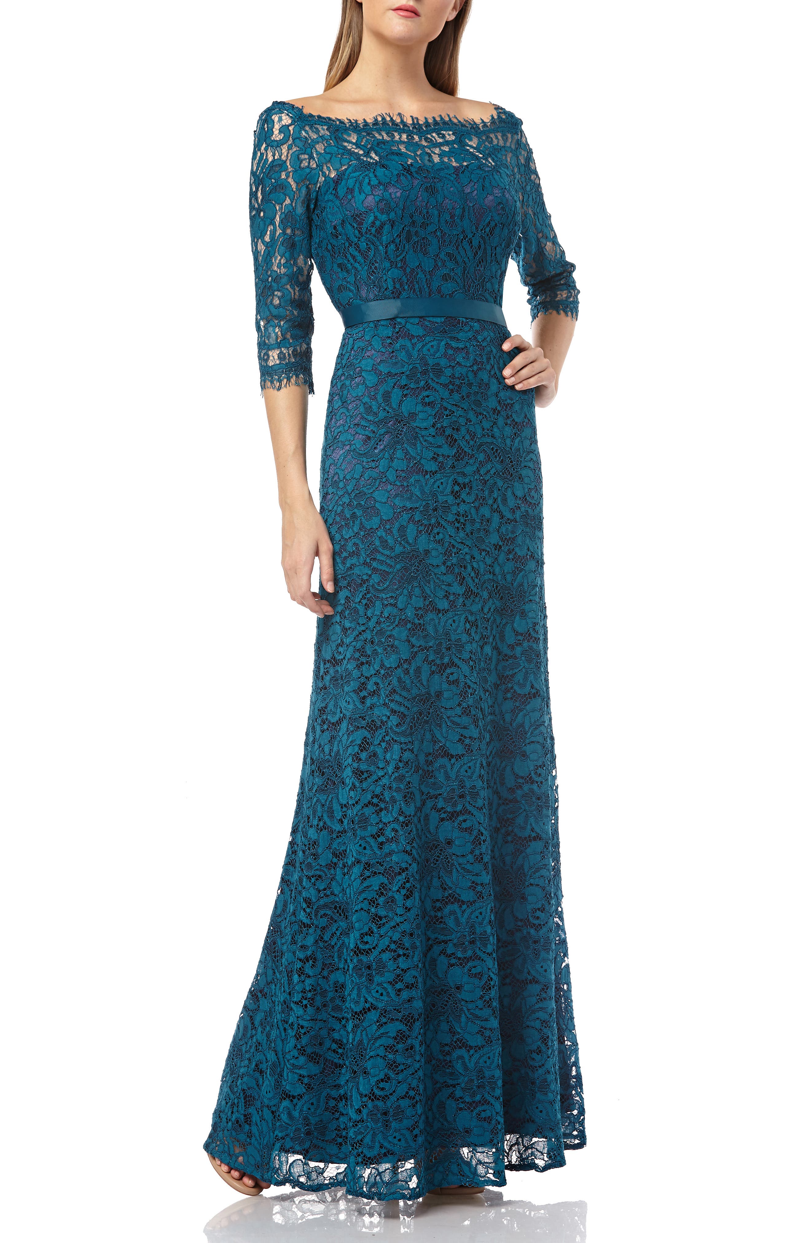 Js Collections Bateau Neck Lace Gown, Blue