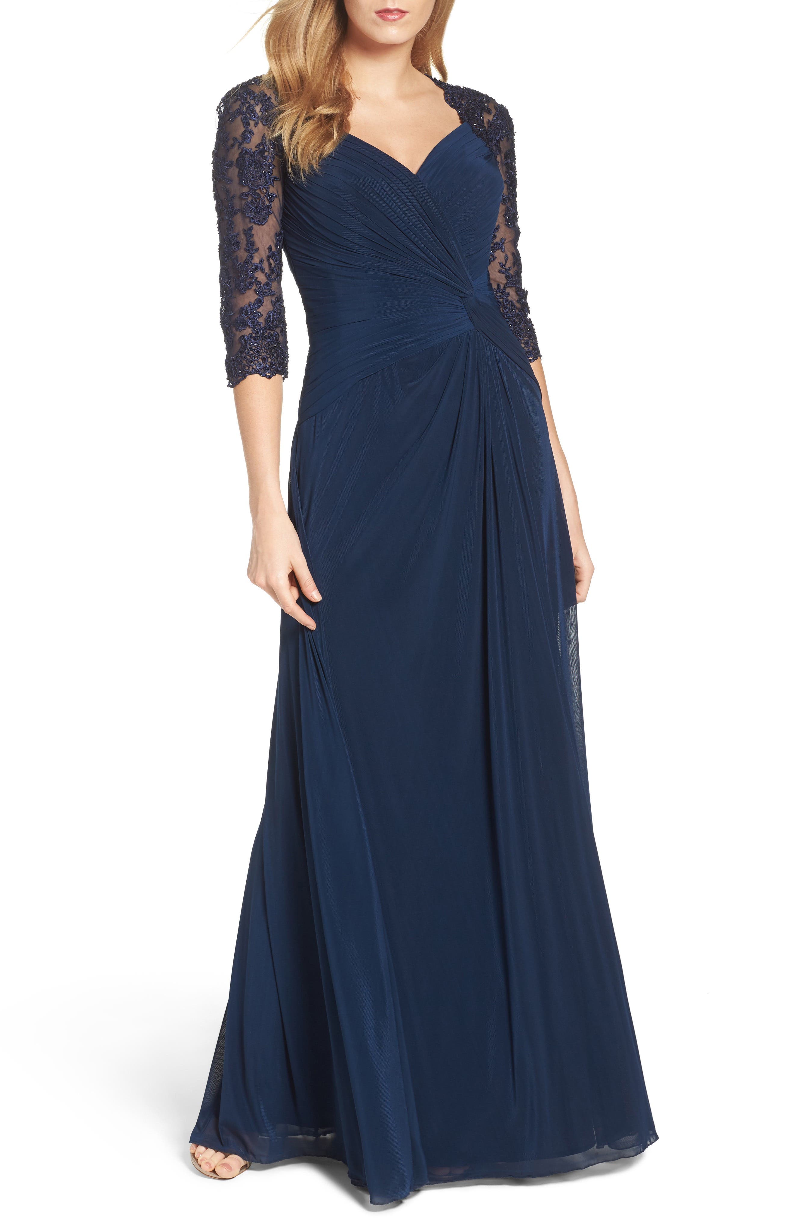 La Femme Lace & Net Ruched Twist Front Gown