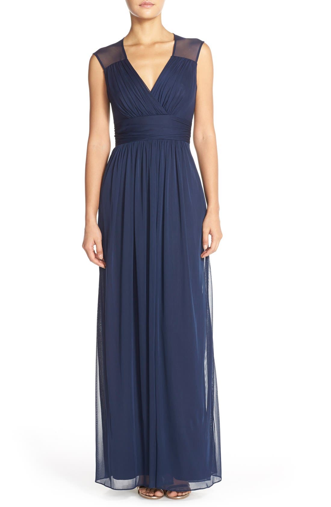 Alfred Sung Shirred Chiffon Cap Sleeve Gown