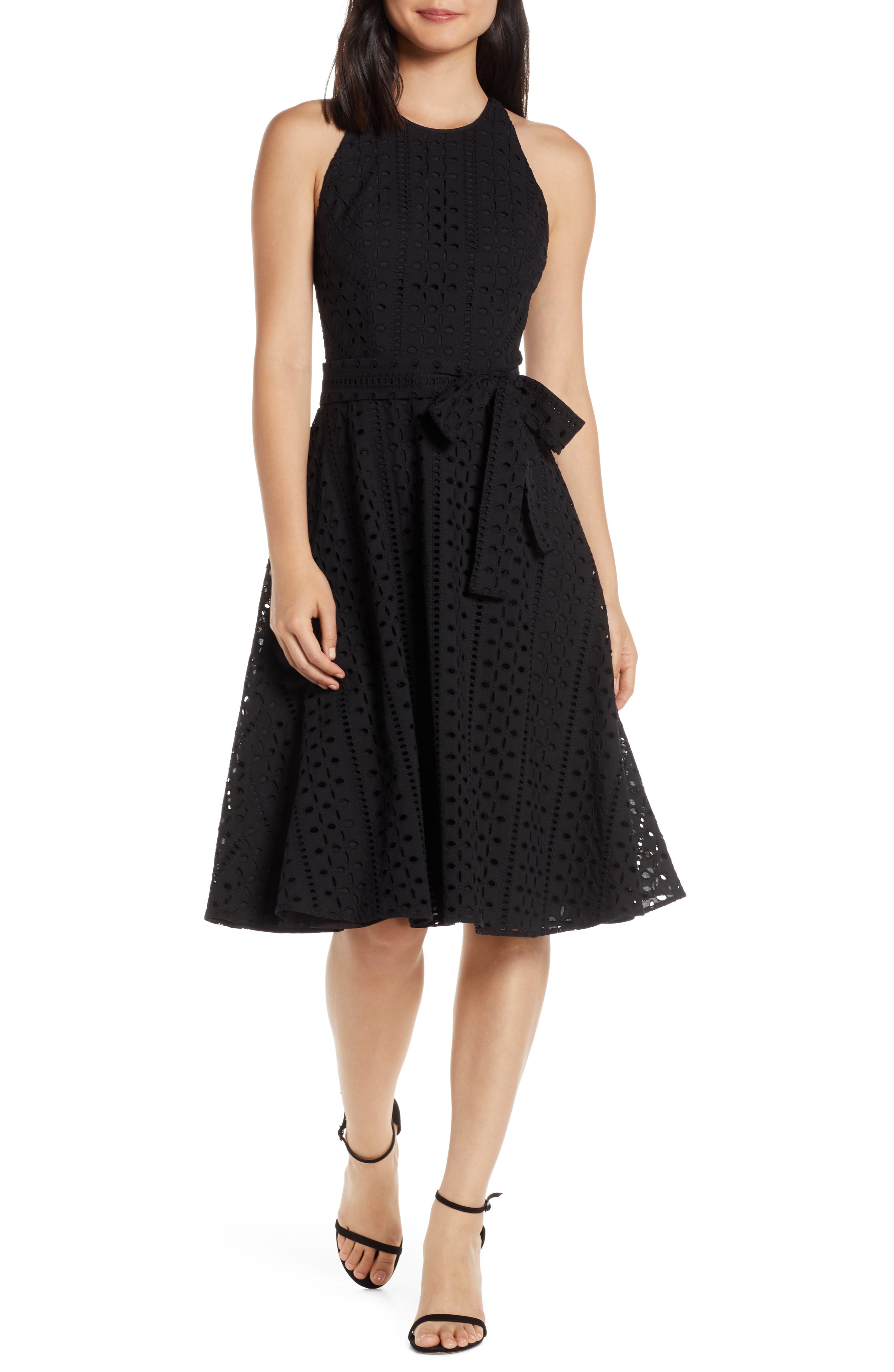 Petite Charles Henry Belted Fit & Flare Eyelet Midi Dress, Black