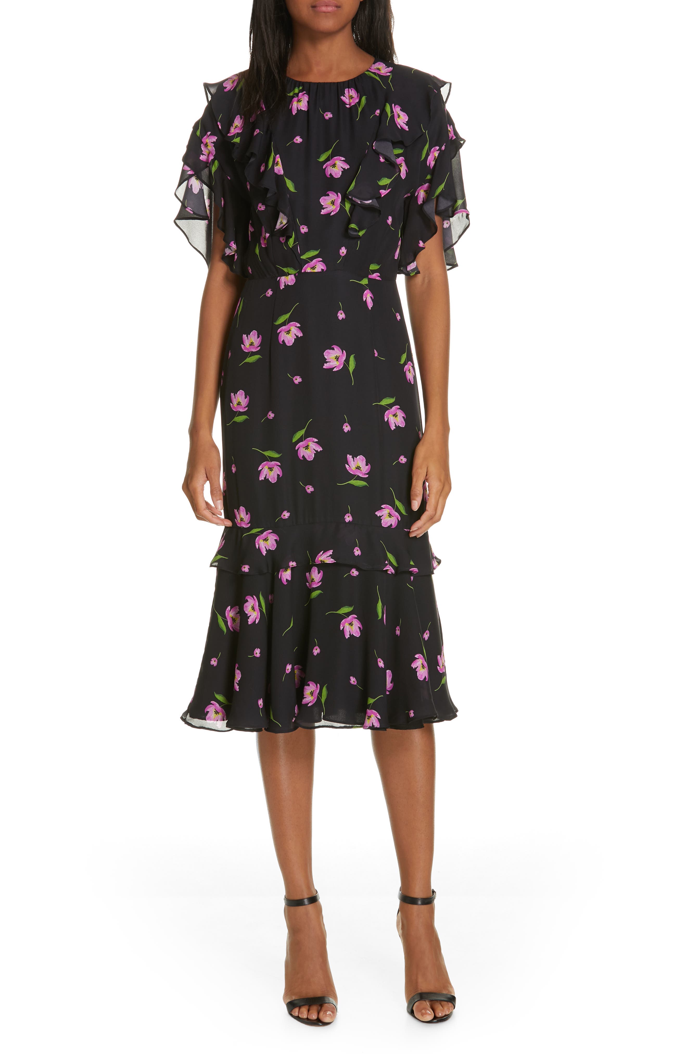 Milly Gia Floral Print Ruffle Silk Dress, Black
