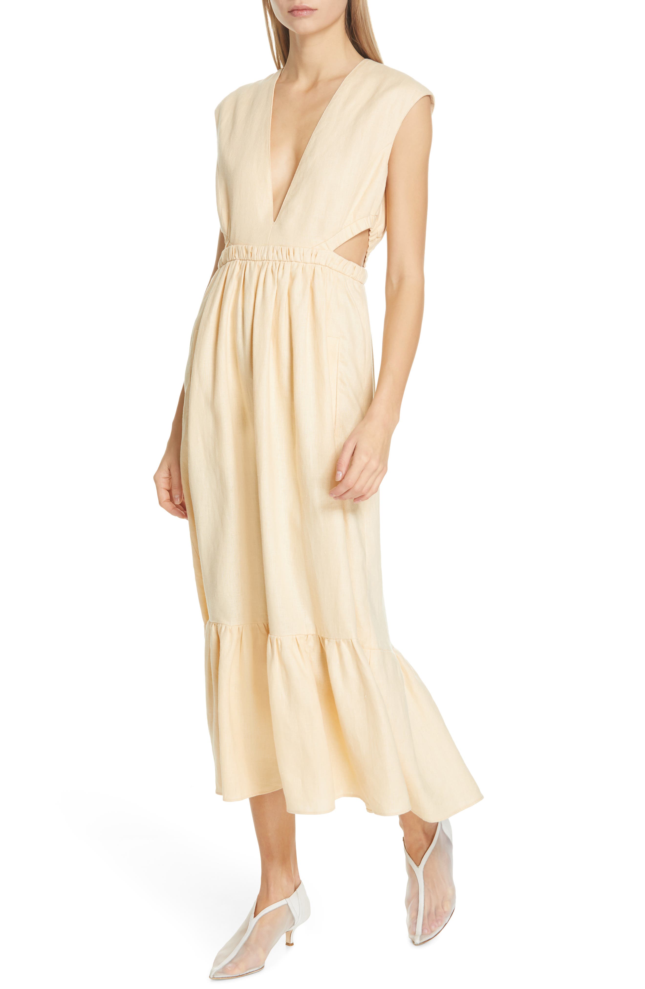 Tibi Cutout Waist Linen Midi Dress, Beige