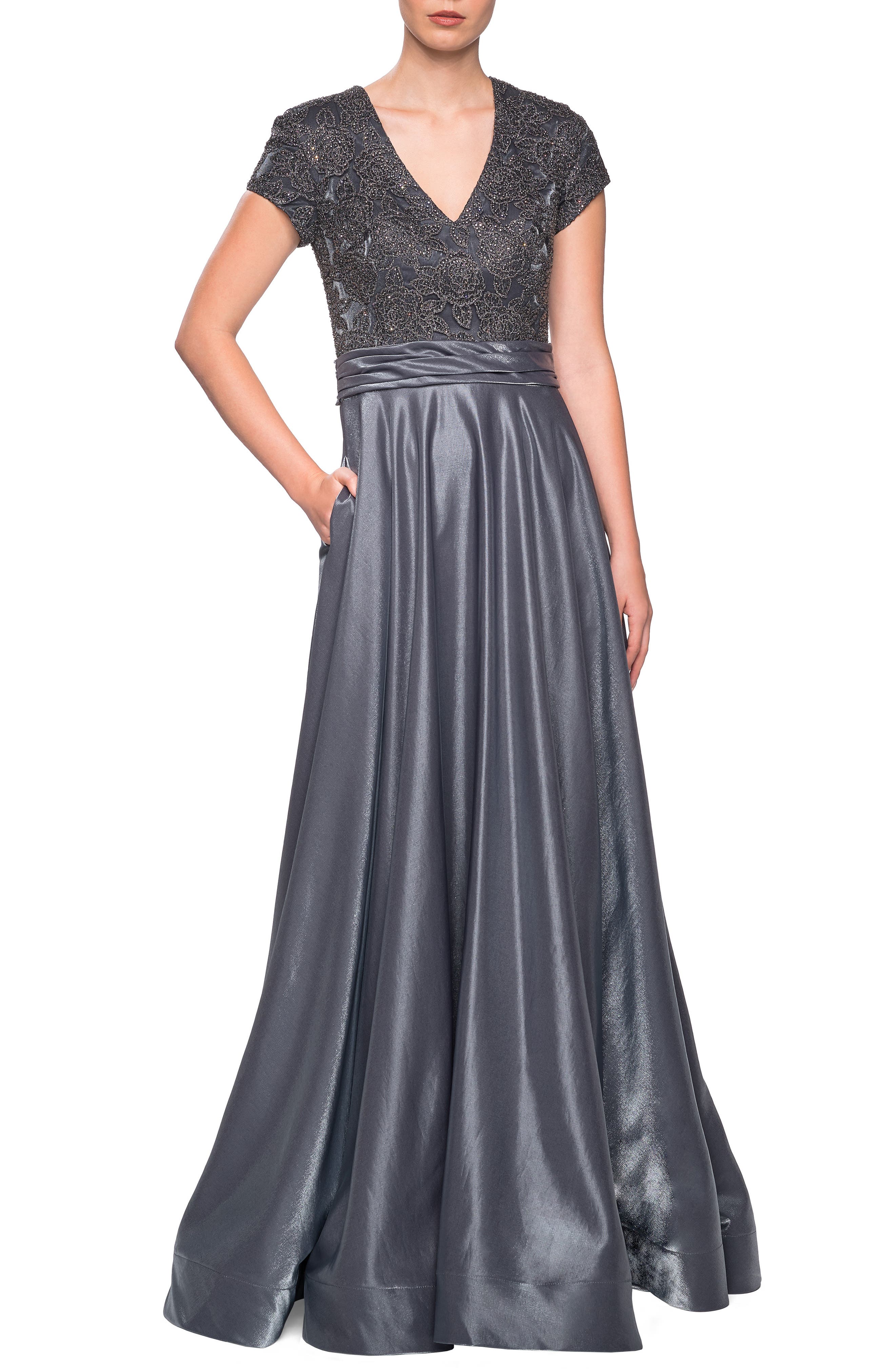 La Femme Two-Tone Satin A-Line Gown, Grey
