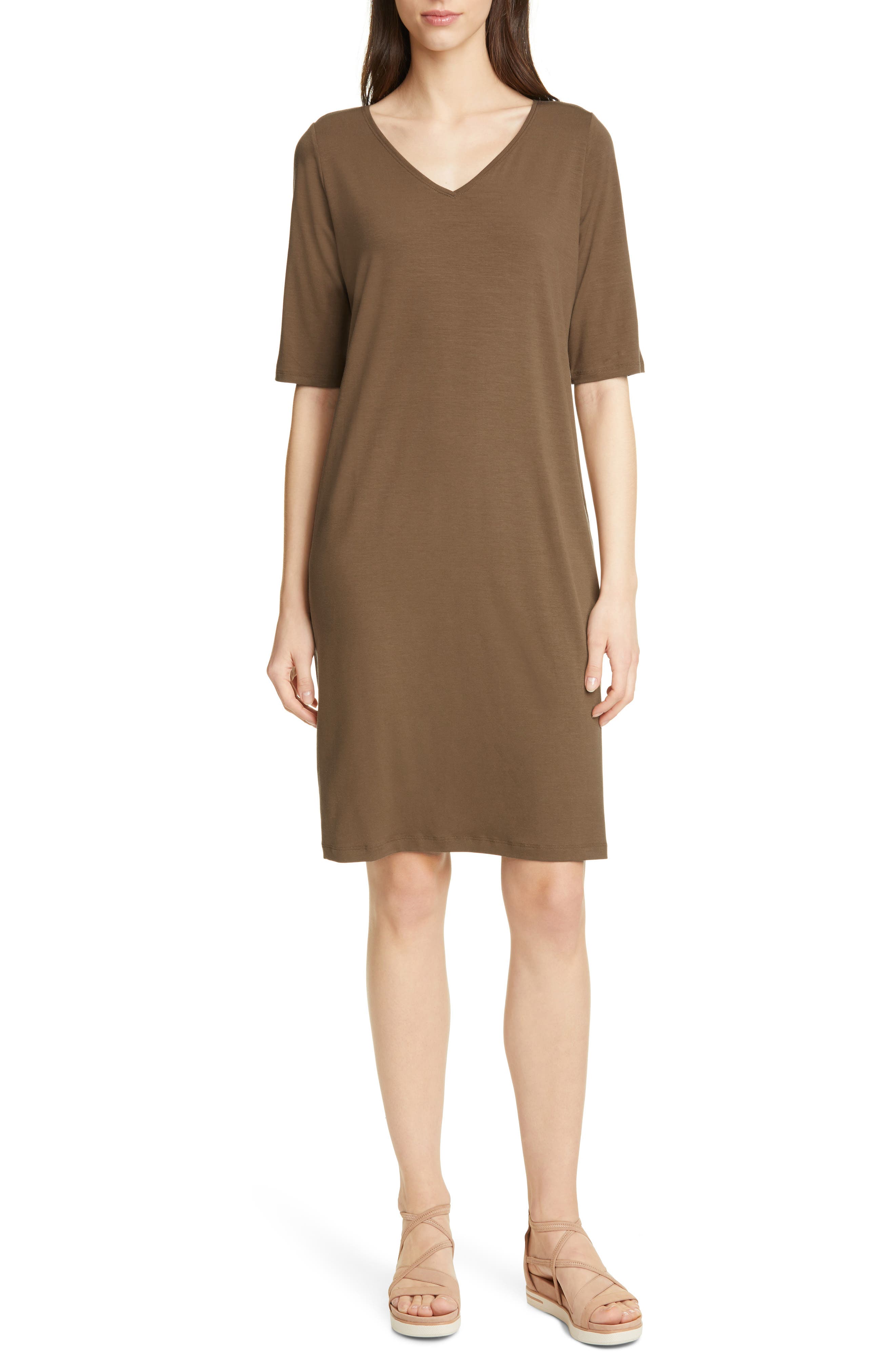Eileen Fisher Stretch Tencel Lyocell Shift Dress, Brown