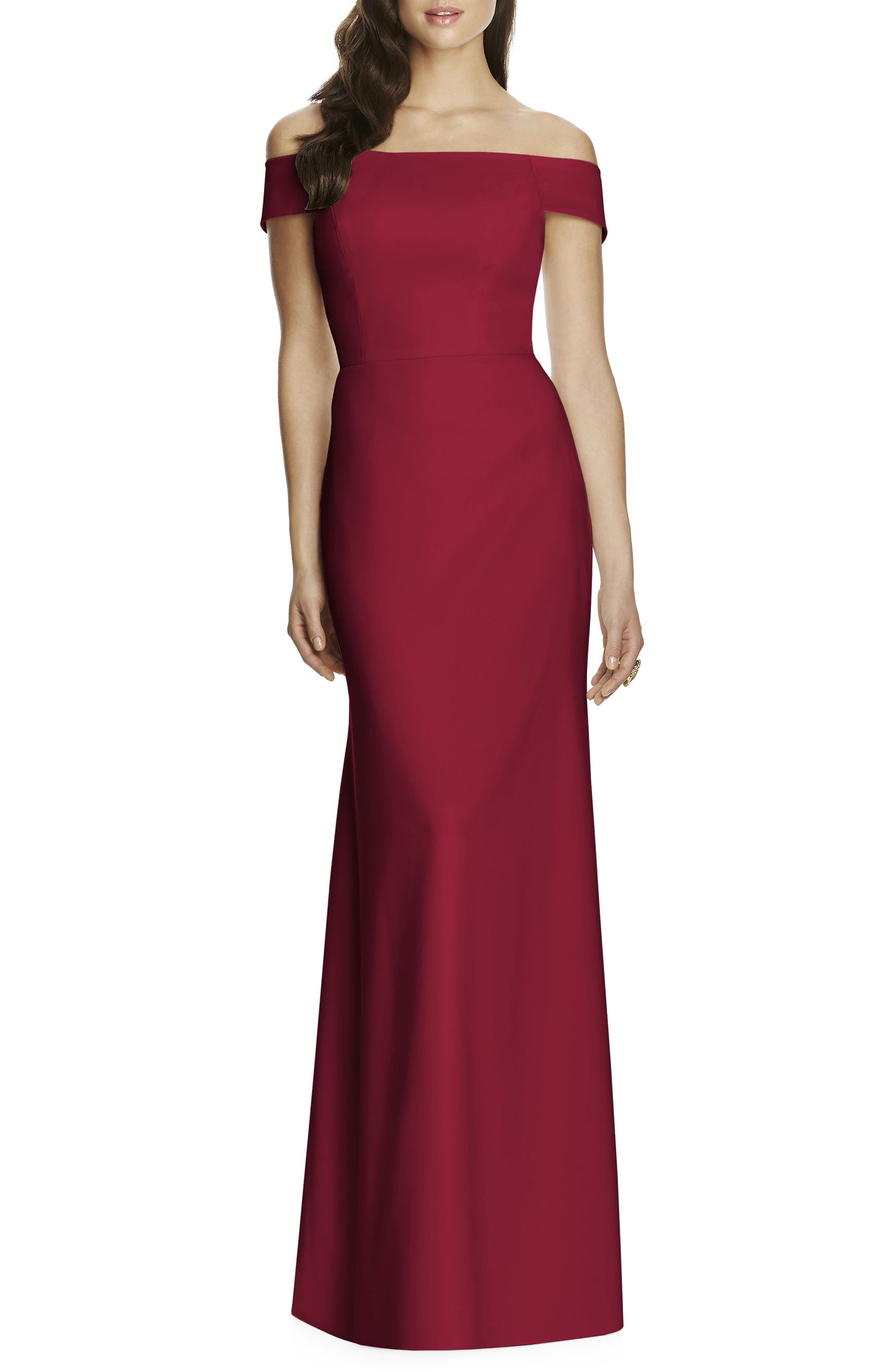 Dessy Collection Off The Shoulder Crepe Gown, Burgundy