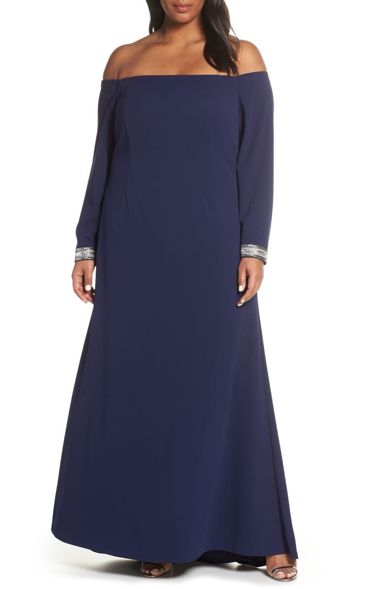 Vince Camuto Dresses CRYSTAL CUFF OFF THE SHOULDER LONG SLEEVE CREPE DRESS