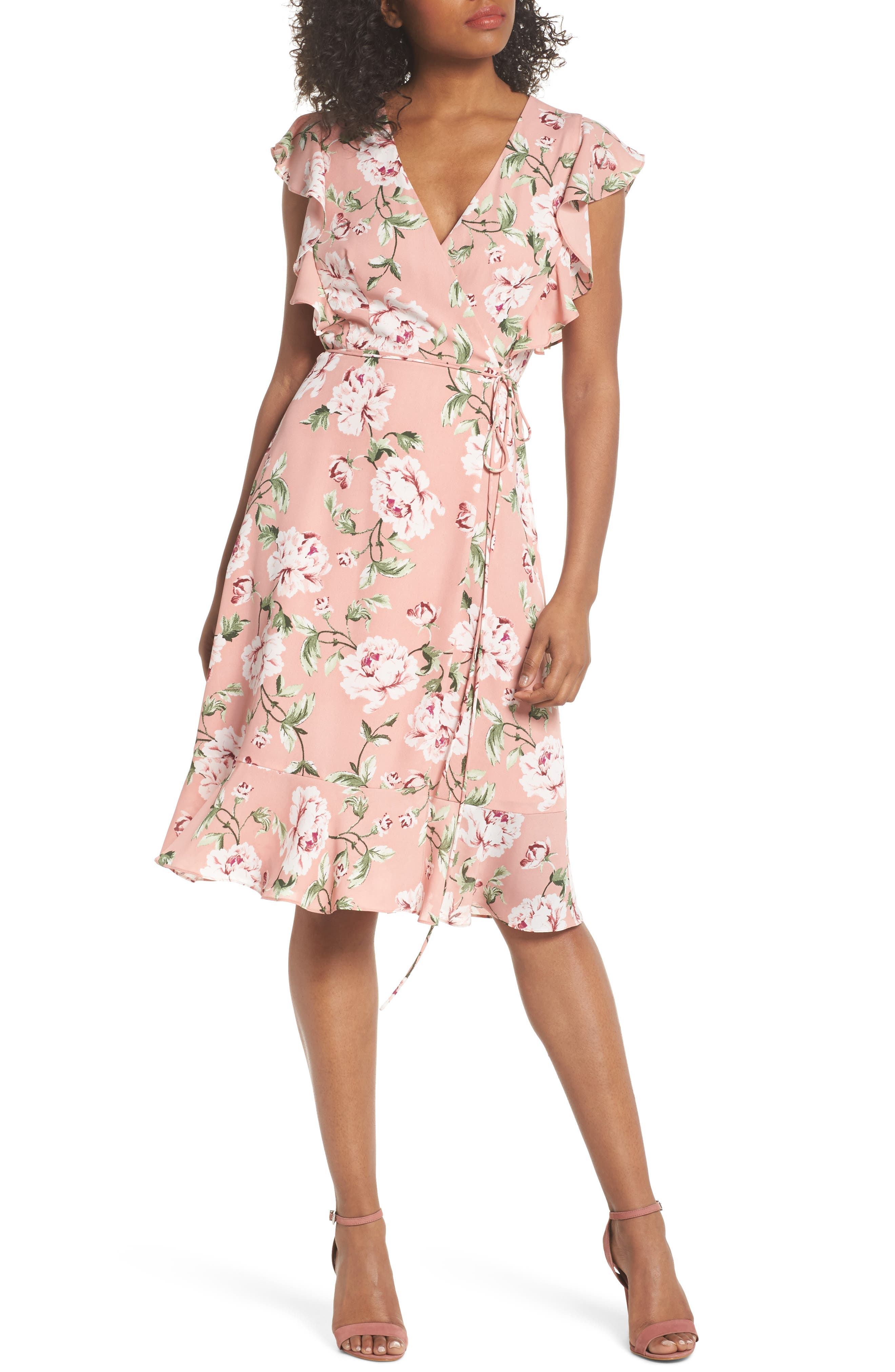 Charles Henry Ruffle Sleeve Floral Wrap Dress, Pink