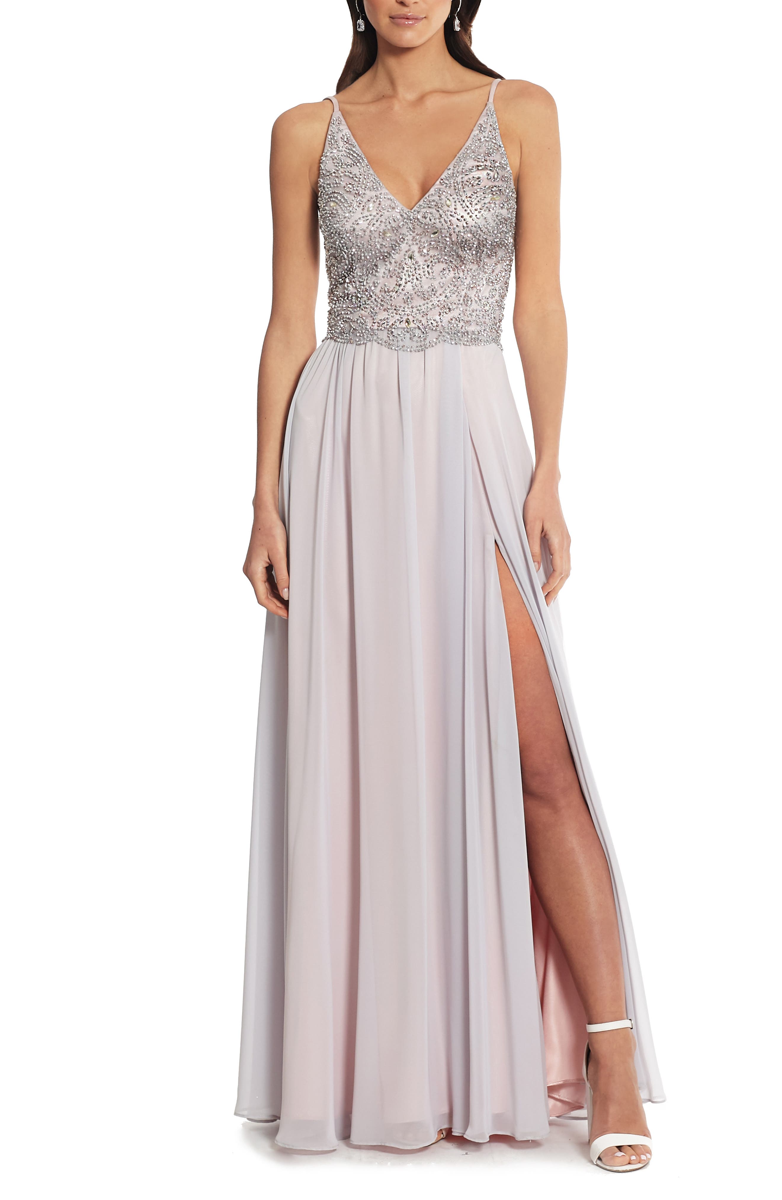 Xscape Embellished Bodice V-Neck Chiffon Evening Dress, Pink