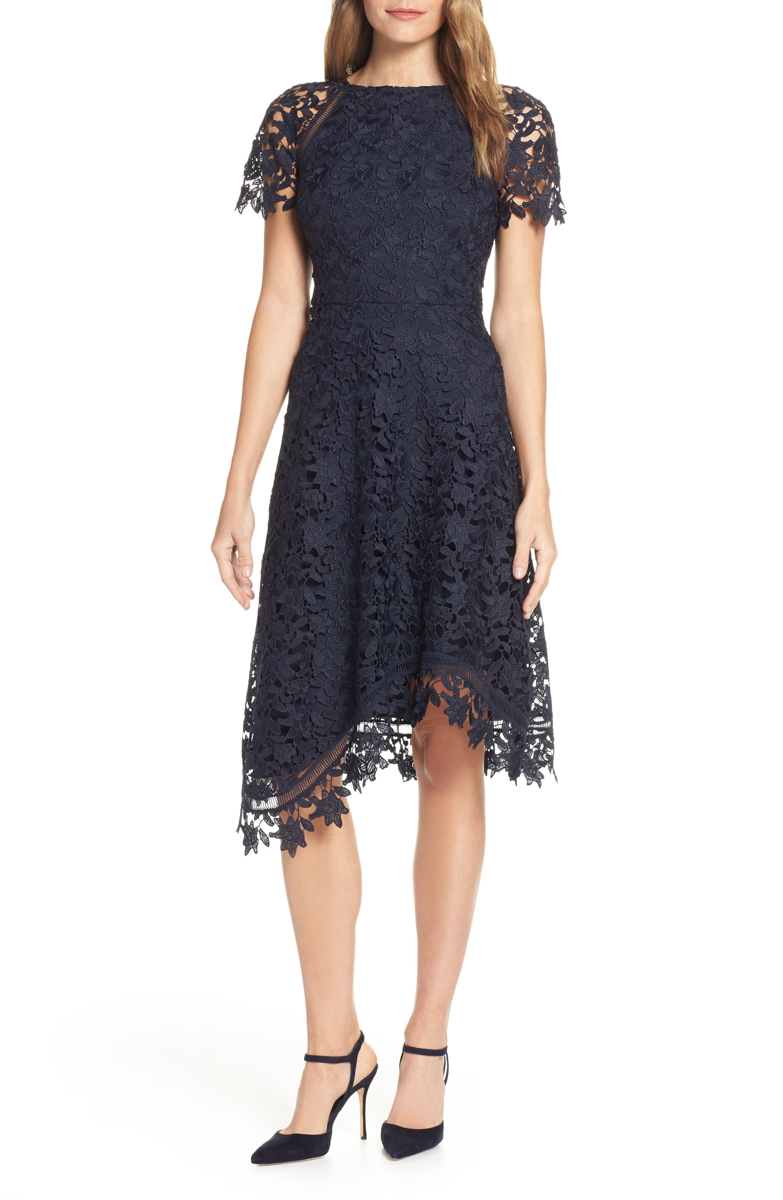 Petite Eliza J Asymmetrical Lace Dress, Blue