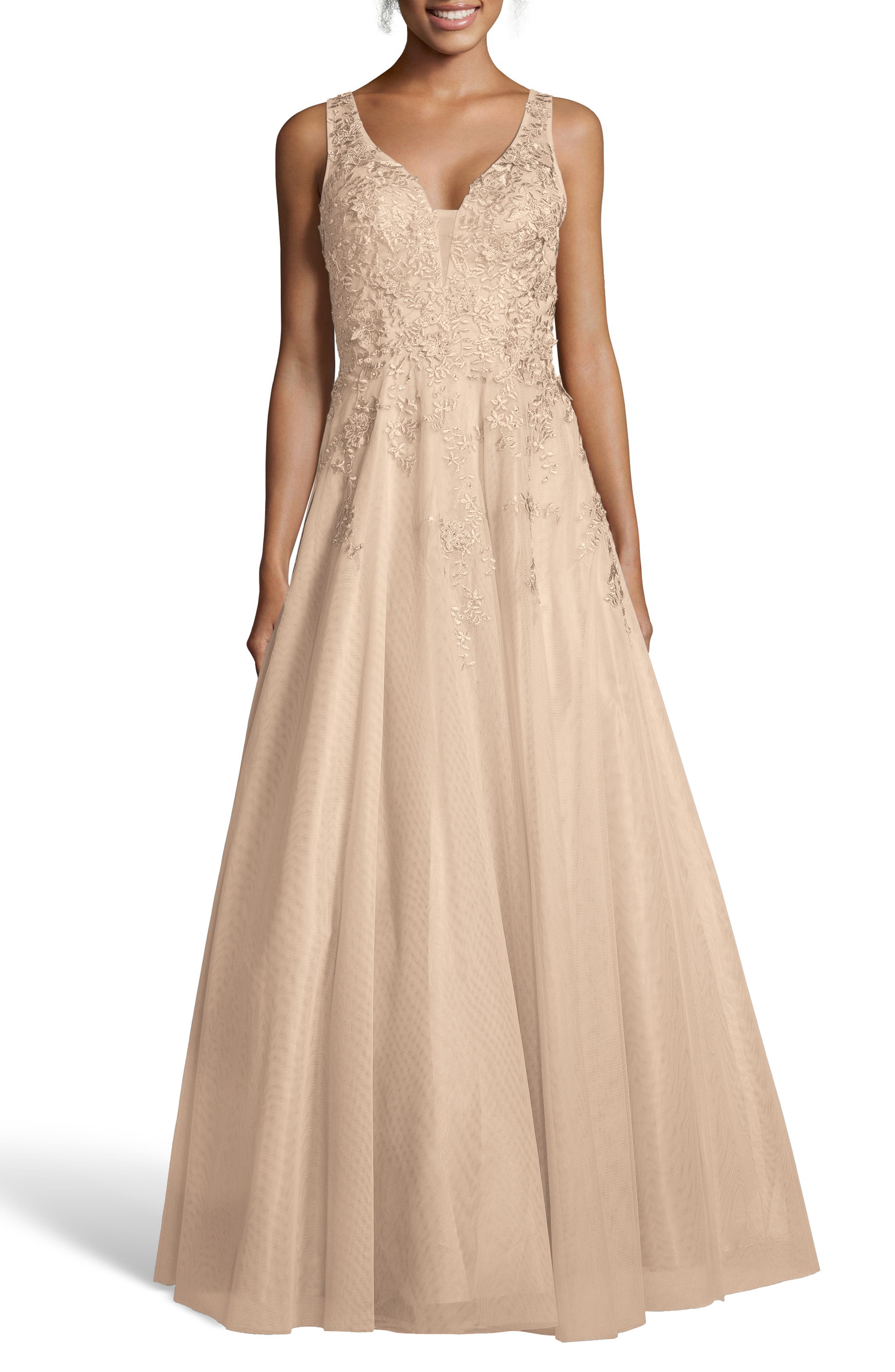 Xscape Embroidered Chiffon Evening Dress, Pink